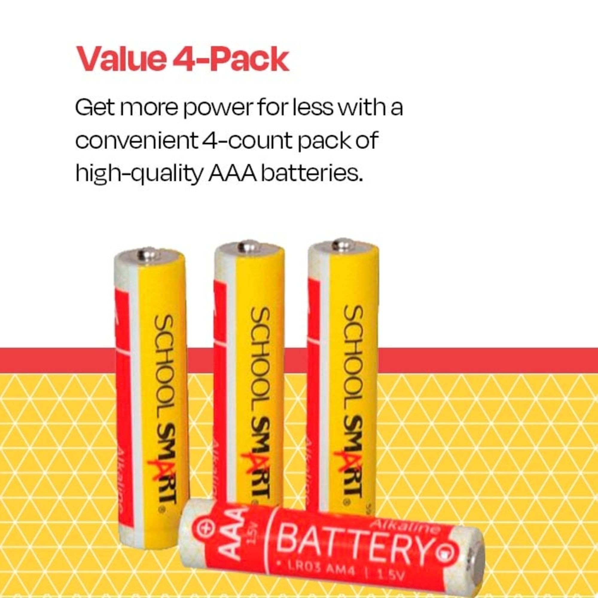 School Smart Alkaline AAA Batteries - 4 Pack | Long-Lasting Power for Toys, Remote Controls & Electronics | Reliable Performance for Home, Office & School Use