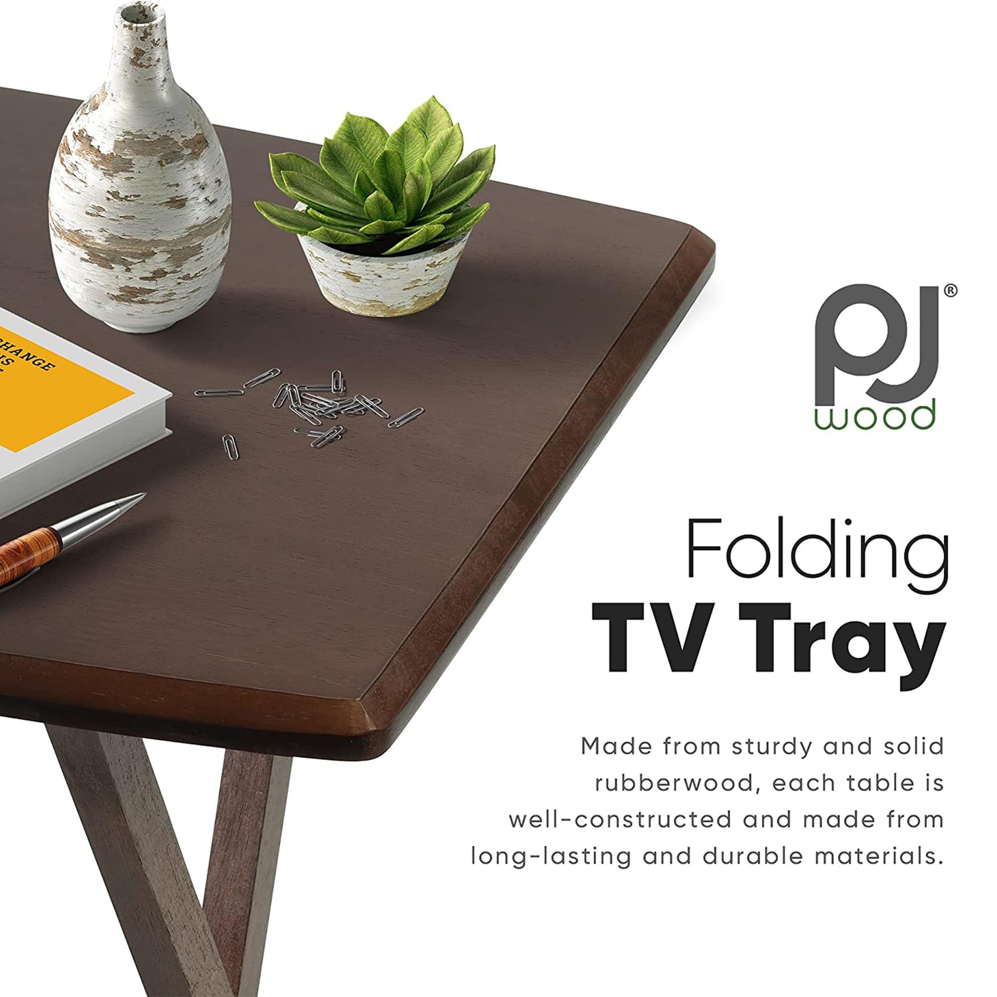 Premium PJ Wood Folding TV Tray Table - Solid Walnut Wood Construction, Portable Snack Desk with Storage Rack (10-Piece Set) - Perfect for Living Room, Bedroom & Home Theater Entertainment