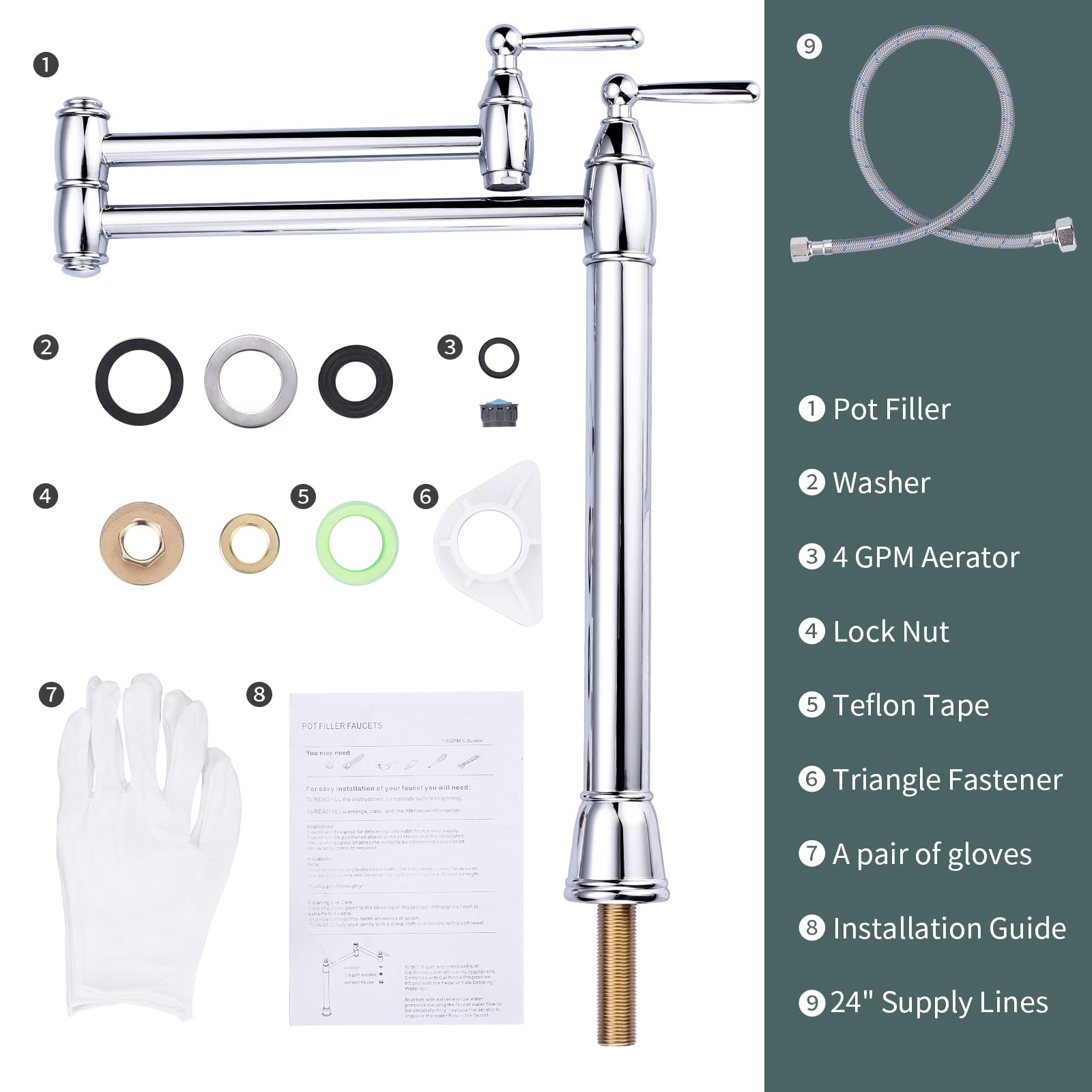 ARCORA Solid Brass Deck Mount Pot Filler Faucet - Chrome Stove Faucet with Adjustable Double Joint Swing Arms - Perfect for Kitchen Sink, Gas Range & Cooking Station