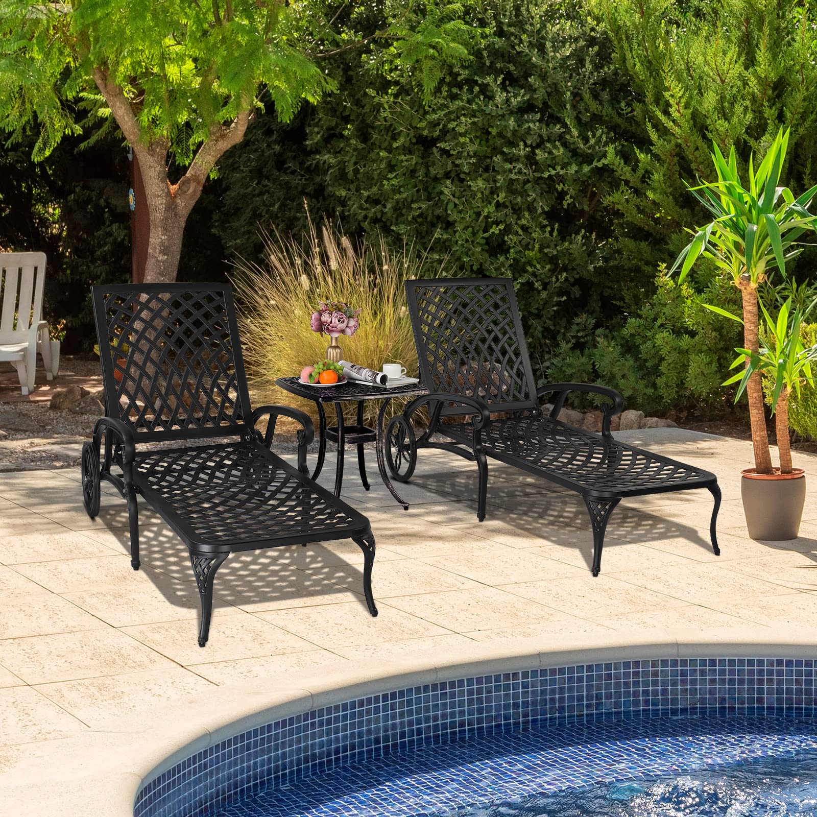 VINGLI Heavy-Duty Cast Aluminum Outdoor Chaise Lounge Chair with Wheels - Adjustable 3-Position Backrest, Weather-Resistant Patio Tanning Chair for Poolside, Beach & Backyard Relaxation (Black, Cushion Not Included)
