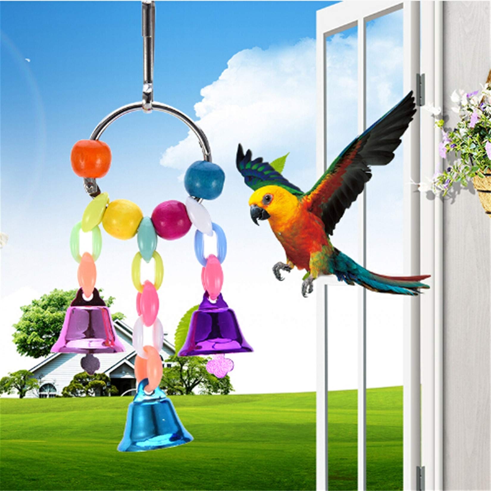 Colorful Parrot Swing Toy with Bells - Chewable Hanging Bird Toy for Small Parakeets, Cockatiels, Conures, Macaws, Lovebirds & Finches - Perfect for Cage Entertainment & Mental Stimulation