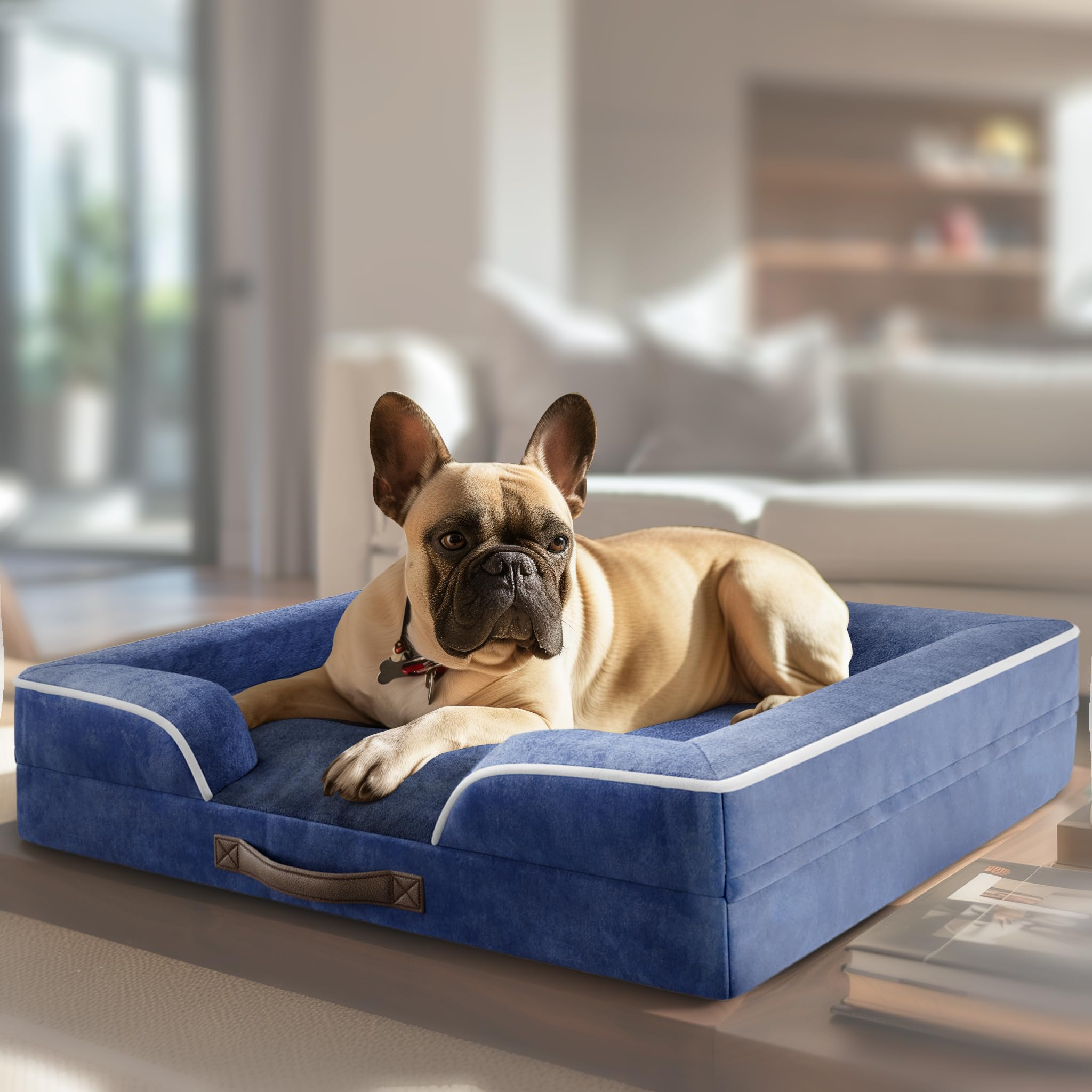 Orthopedic Dog Bed for Small Dogs - Supportive Foam Pet Sofa with Removable Washable Cover, Waterproof Lining & Non-Slip Bottom - Perfect for Living Room, Bedroom or Office (Navy Blue)