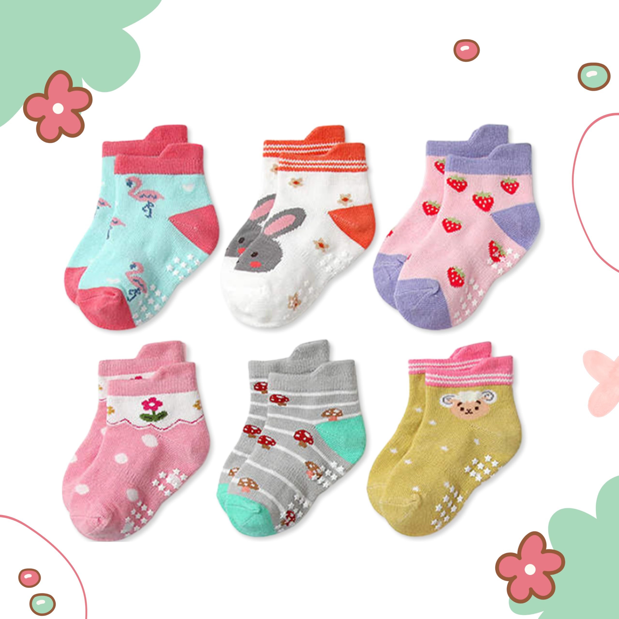 Non-Slip Cotton Kids Ankle Socks with Grips - 12 Pairs Anti-Skid Toddler Socks for Boys & Girls (1-7 Years) - Perfect for Playtime, School & Indoor Activities
