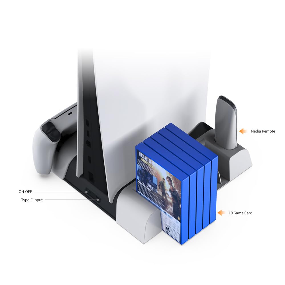 PS5/PS5 Slim Universal Cooling Stand with Dual Controller Charger - 3-Speed Cooling Fan, 10 Game Disc Storage & Media Remote Holder - Perfect for PS5 Gaming Setup & Entertainment Center Organization