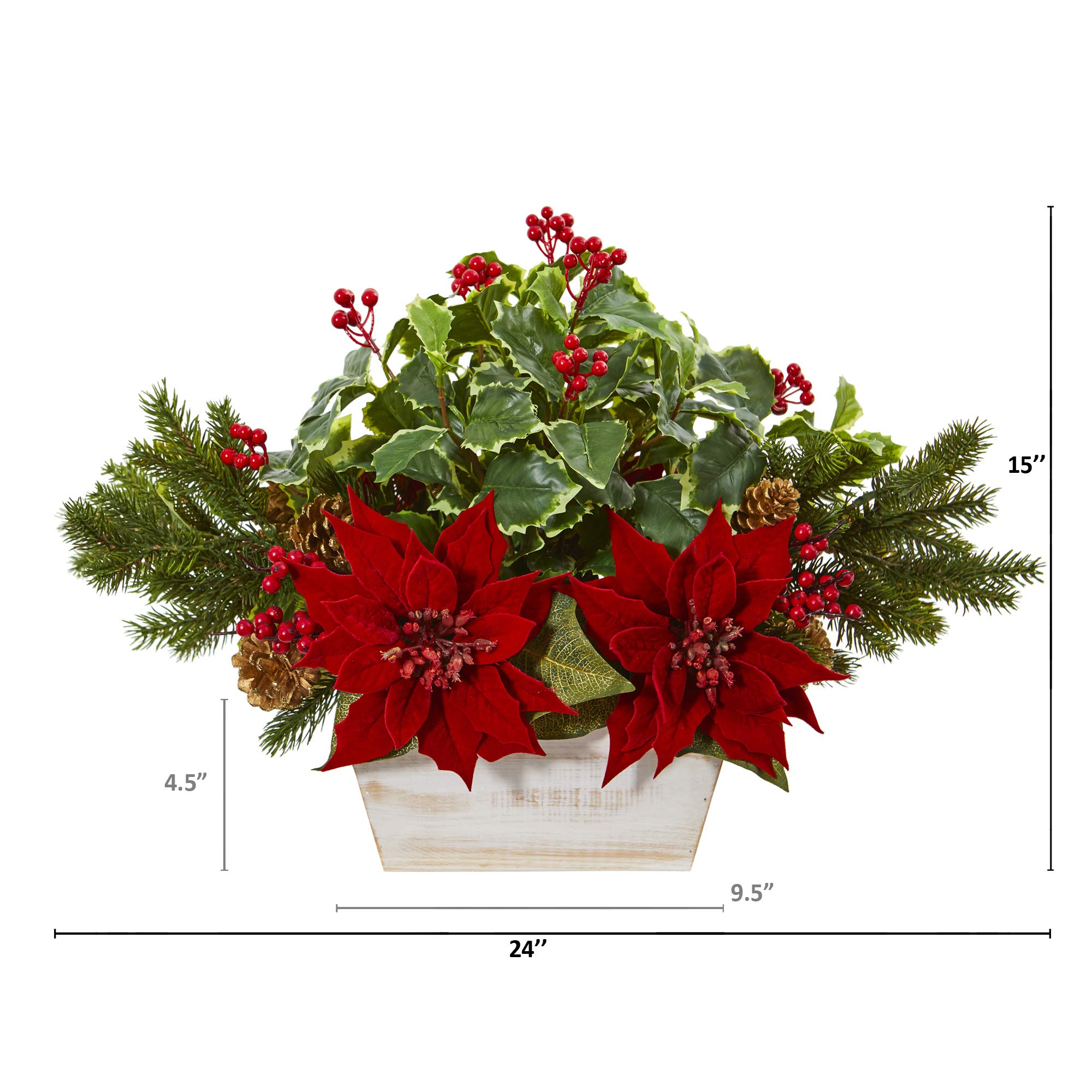 Nearly Natural 24in Red Poinsettia, Holly, Berry & Pine Artificial Silk Flower Arrangement Planter - Perfect for Christmas Home Decor, Office & Holiday Centerpieces