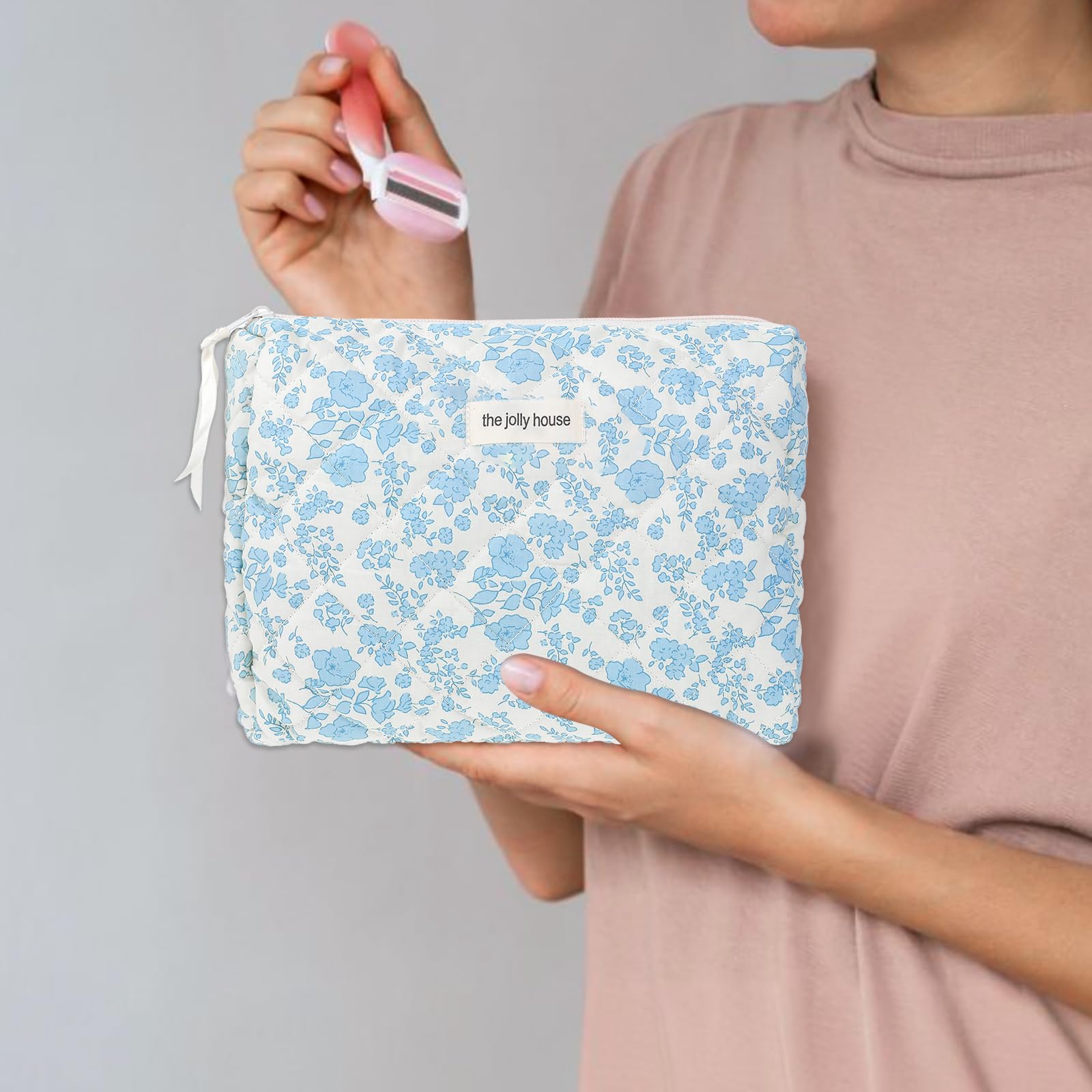 Blue Floral Makeup Bag - Large Cotton Quilted Cosmetic Pouch for Women & Girls | Travel Organizer, Toiletry Bag for Makeup Brushes & Essentials | Perfect for Vacation, Gym, and Daily Use