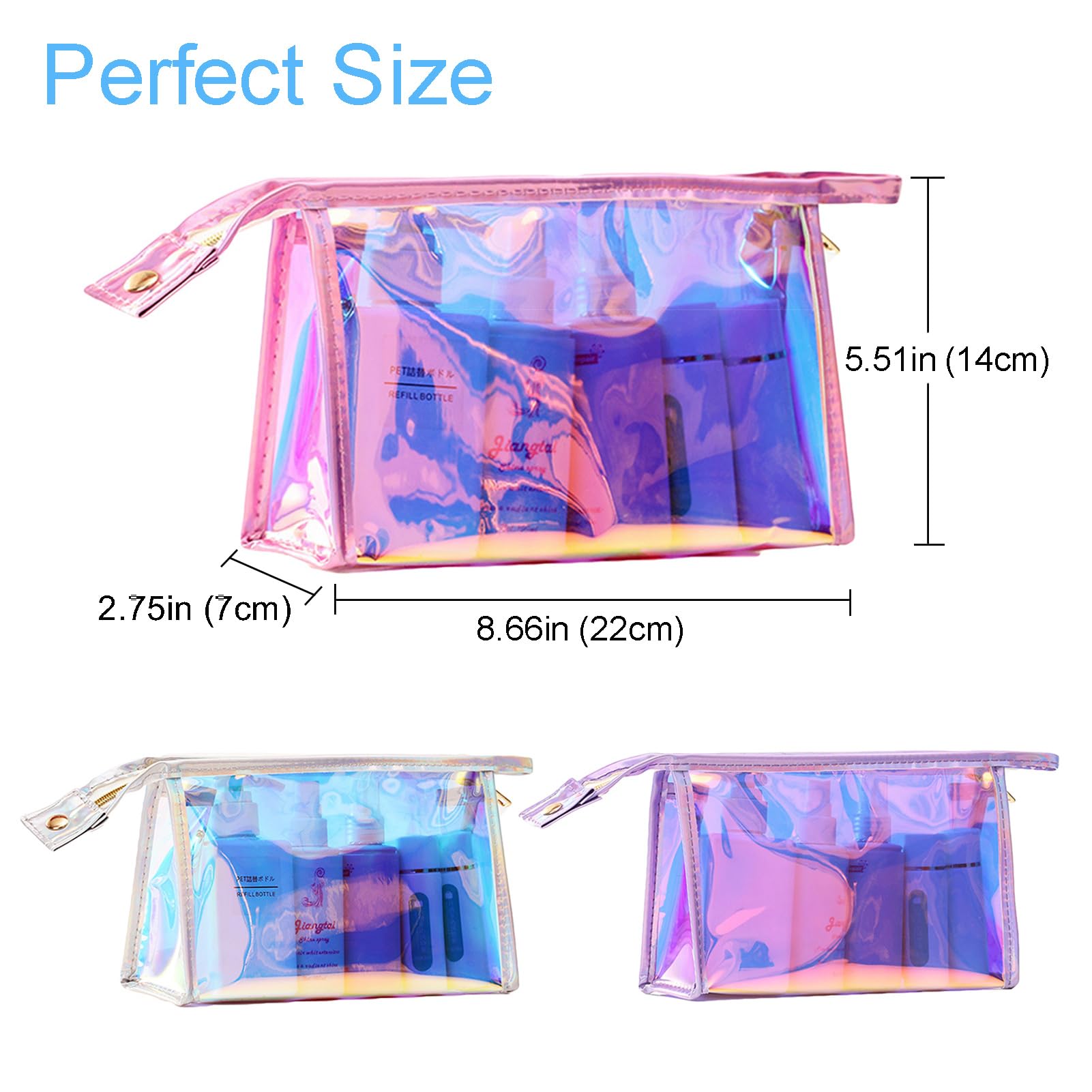 AJOJO 3-Piece Holographic Makeup Bags Set - Waterproof Iridescent Cosmetic Organizer with Zipper, Clear Travel Toiletry Bag for Brushes & Accessories - Perfect for Women's Gifts, Travel, Gym & Daily Makeup Storage