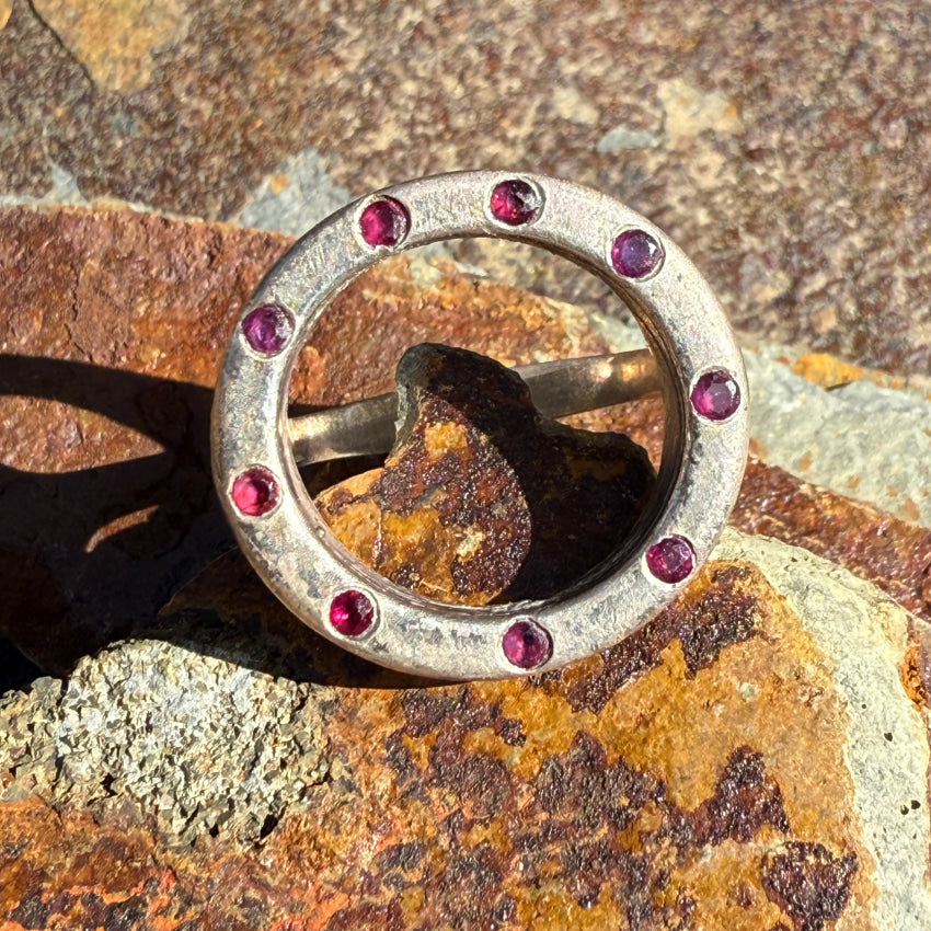 Vintage Modernist Sterling Silver Wreath Ring with 9 Genuine Rubies - Size 6 - Elegant Jewelry for Women, Perfect for Weddings, Anniversaries & Special Occasions