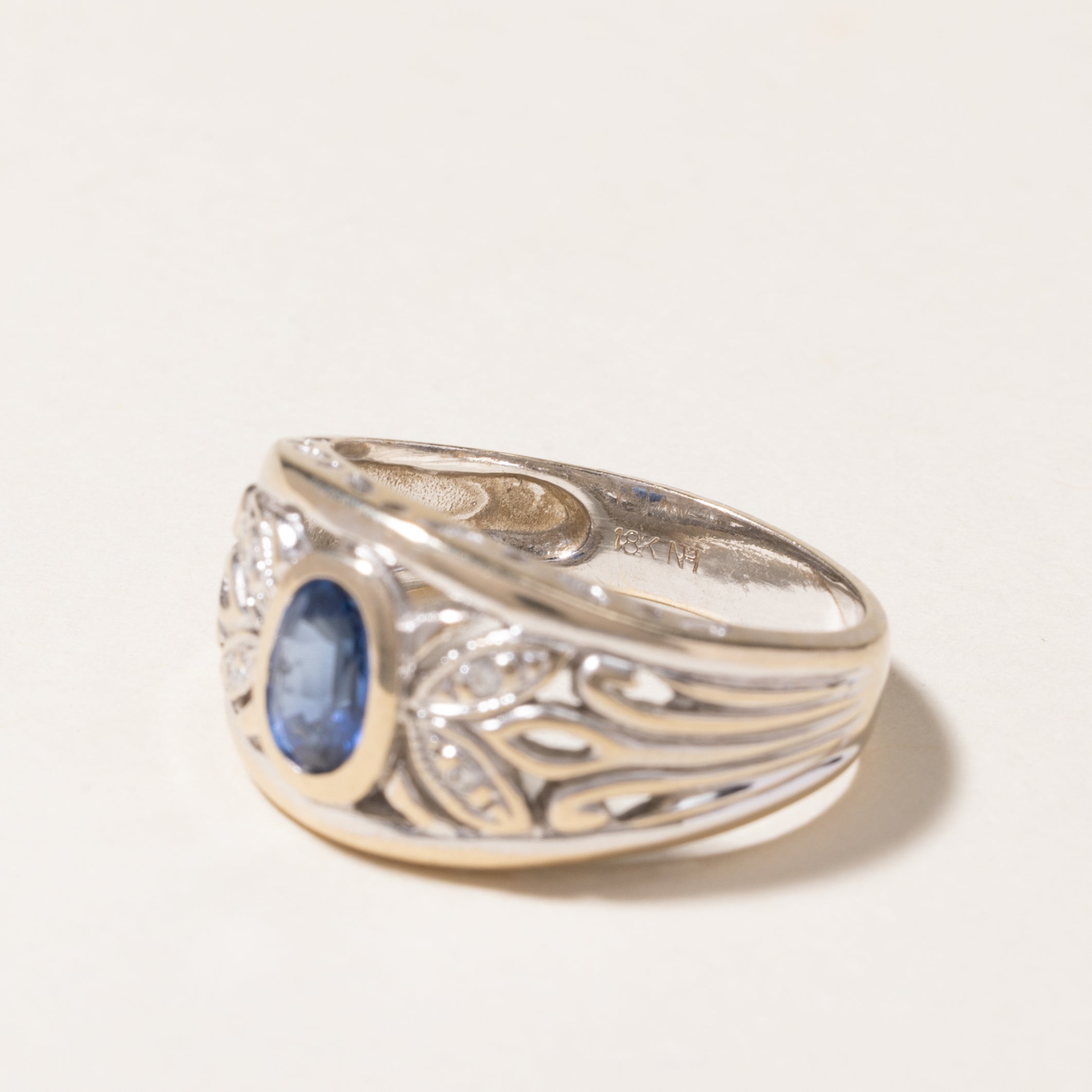 18K Gold Bezel Set Oval Cut Sapphire & Diamond Ring - 0.87ct Sapphire & 0.02ctw Diamonds - Size 8 | Elegant Engagement, Wedding, Anniversary Gift for Women