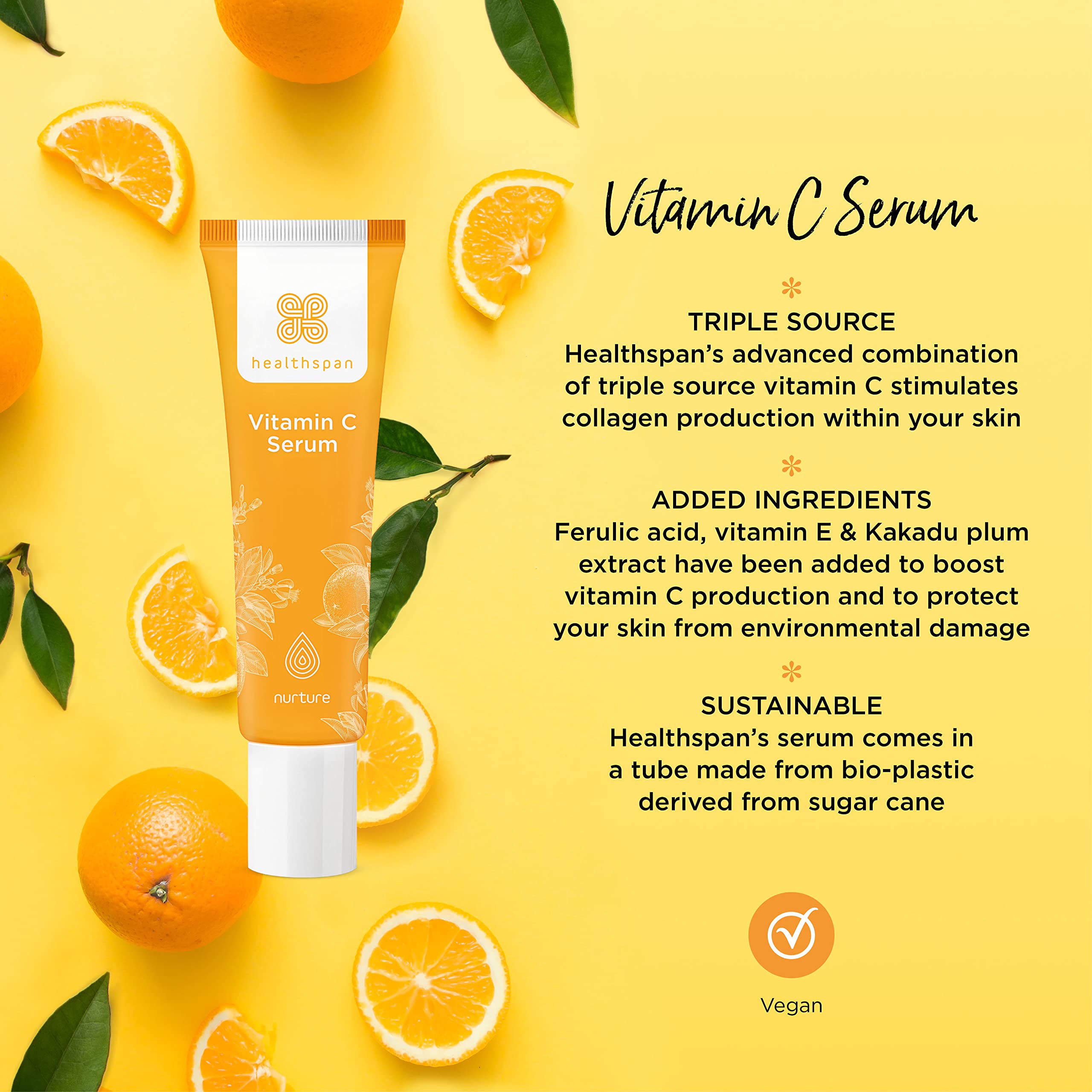 Healthspan Vitamin C Serum (30ml) - Brighten Skin, Reduce Wrinkles & Boost Collagen | Triple Vitamin C, Ferulic Acid, Hyaluronic Acid & Vitamin E | Vegan & Cruelty-Free | Perfect for Daily Anti-Aging Skincare Routine & Glowing Complexion