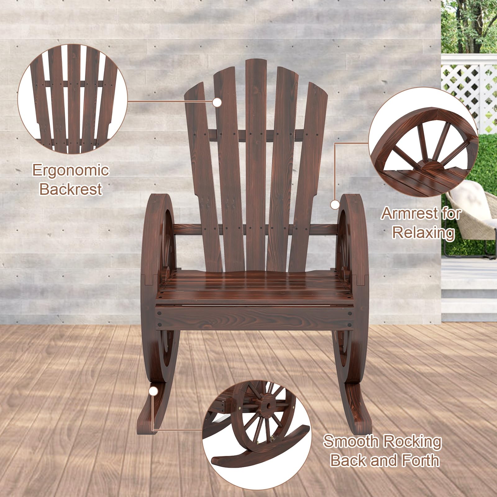 Kinbor Wooden Outdoor Rocking Chair - Comfortable High Back Slat Rocker for Porch, Patio, Lawn & Garden - Reclining Seat for Relaxing in Backyard, Poolside or Sunroom