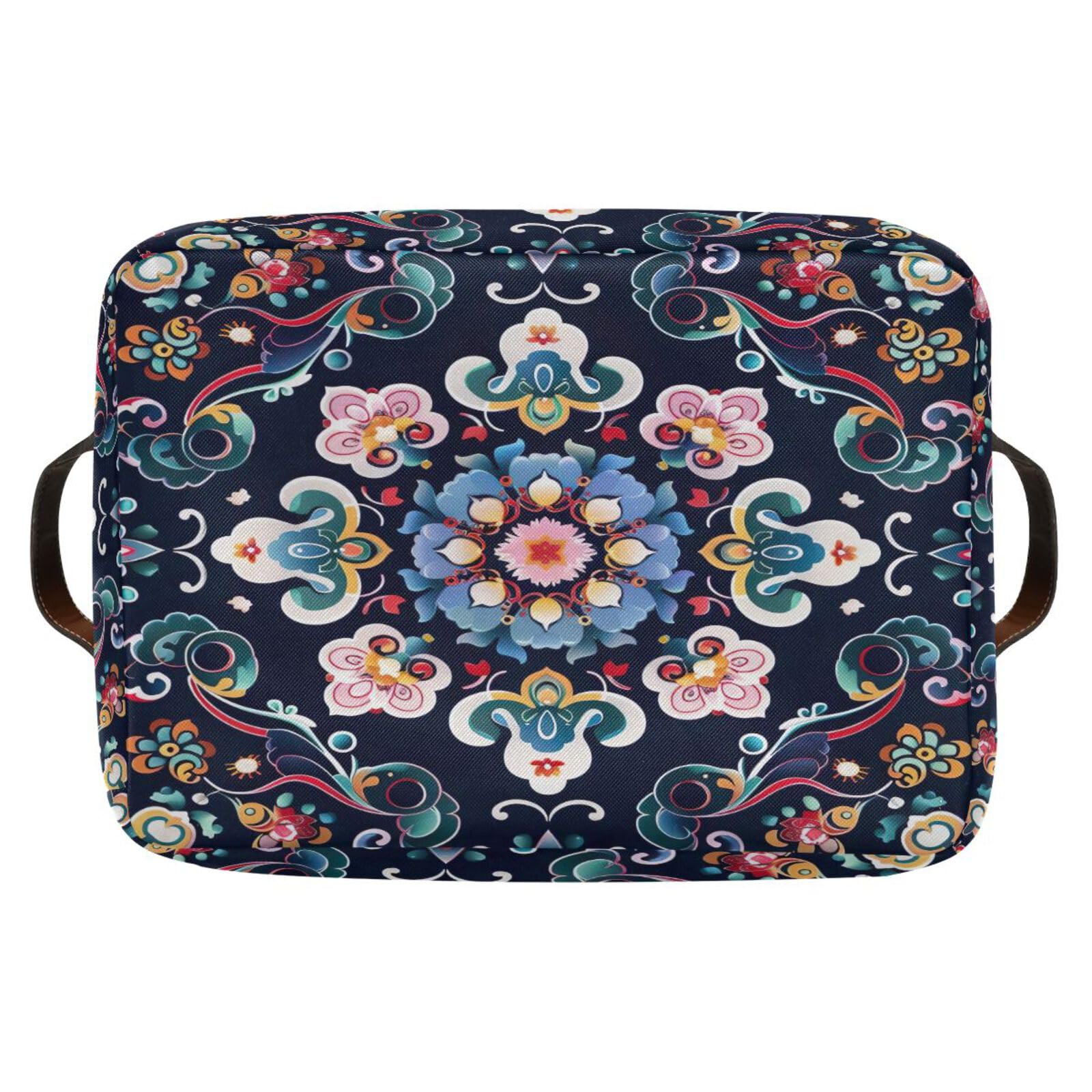 Qilmy Mandala Storage Basket 2-Pack - Foldable Canvas Rectangular Organizer with Leather Handles for Closet, Office, Nursery & Home Decor | Perfect for Toy Storage, Blanket Organization & Shelf Bins