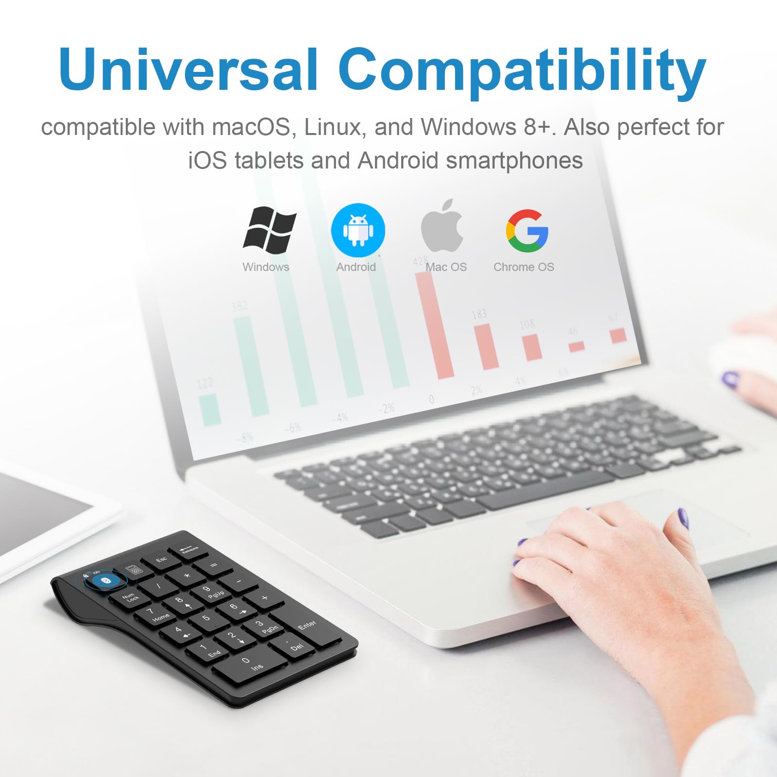 Rechargeable 22-Key Numeric Keypad - Bluetooth, Wireless & USB 3-in-1 Number Pad for Laptop, MacBook, Chromebook, Surface Pro | Perfect for Data Entry, Accounting & 10-Key Numpad Tasks | Home Office & Financial Workstation Essential
