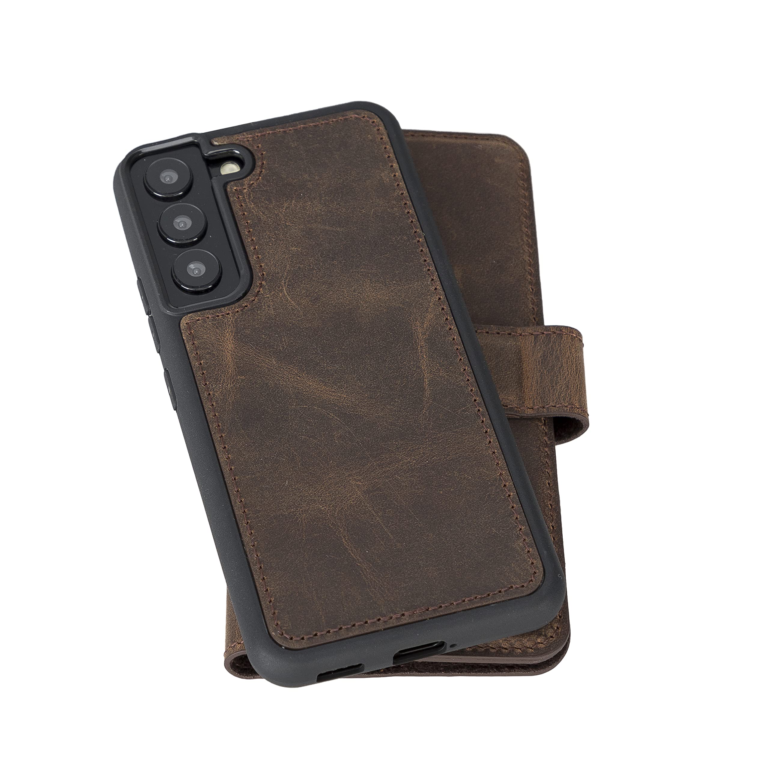 Premium Full Grain Leather Samsung Galaxy S22 Wallet Case - Detachable Magnetic Flip Cover with Kickstand & Card Holder (Brown) | Perfect for Business Professionals & Travelers