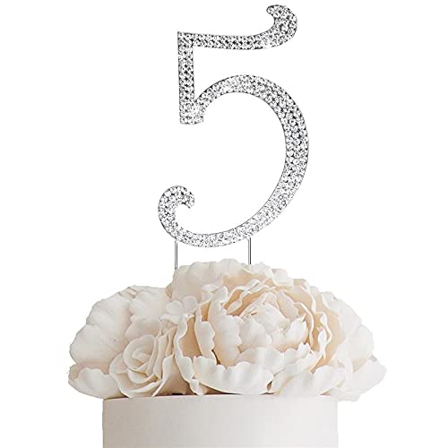 4.5 Inch Balsa Wood Circle with Number 5 Rhinestone Cake Topper - Elegant Birthday Party Decoration for Wedding, Anniversary & Celebration Cakes