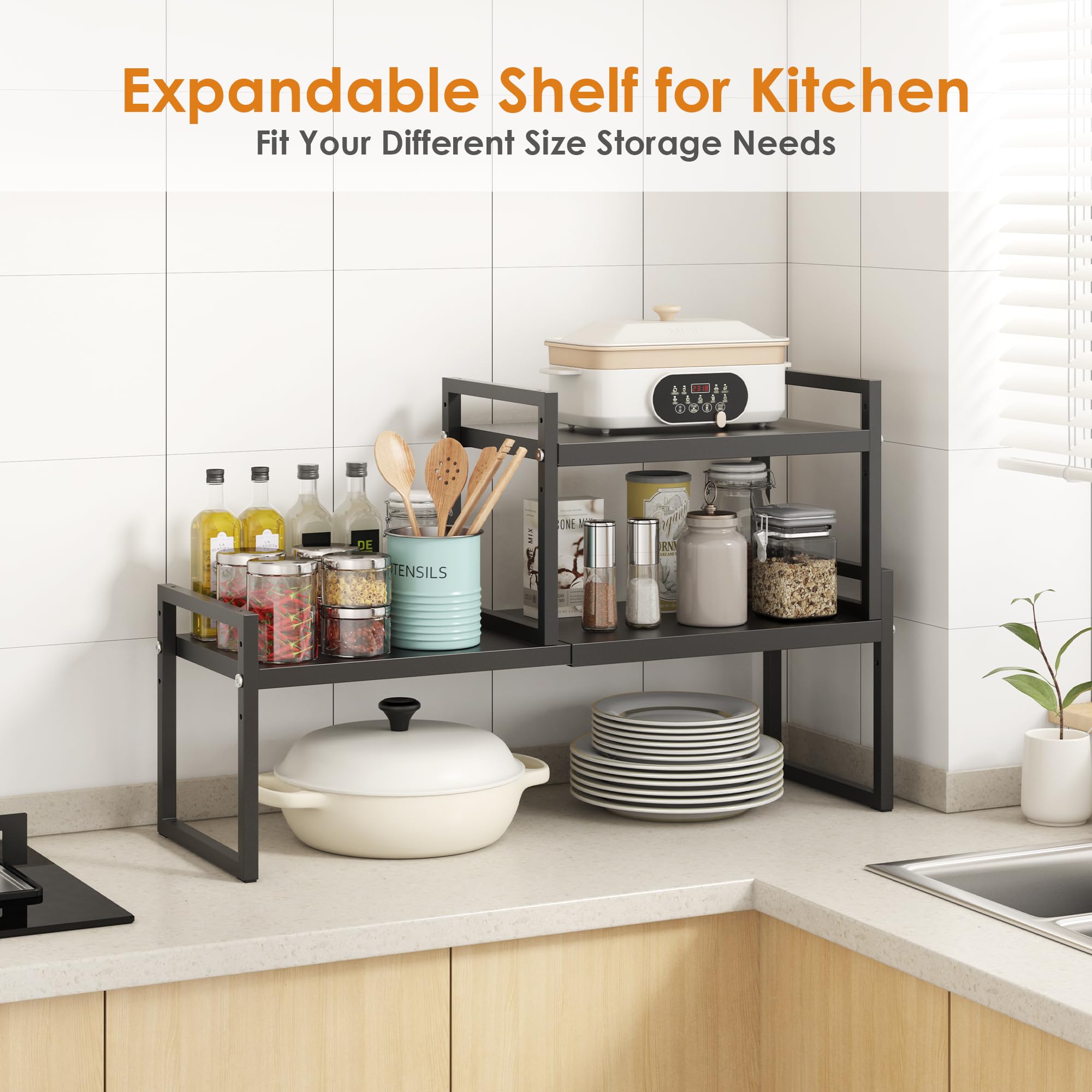 DOLALIKE Expandable Kitchen Countertop Organizer - Stackable Cabinet Shelf Organizer for Spices, Pantry & Bathroom Storage - Space Saving Shelf for Office & Home Use (Black, 1 Pack) - Perfect for Small Spaces & Clutter-Free Organization