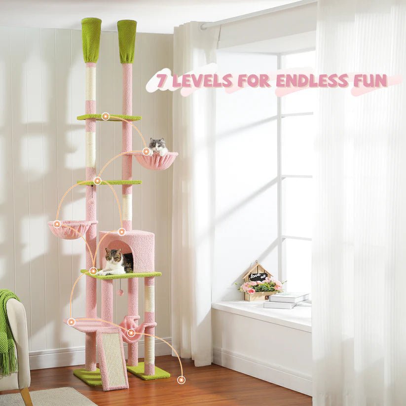Premium Adjustable Height Cat Tree Tower (216-285cm) - Cactus Design Scratching Post for Indoor Cats - Durable & Stylish Pink Pet Furniture for Play, Climbing & Relaxation - Perfect for Small Spaces & Cat Condos