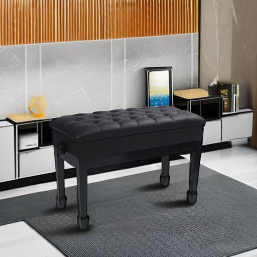 Adjustable Duet Piano Bench with Storage - Heavy Duty Wooden Double Keyboard Bench Seat with PU Leather Cushion - Black - Perfect for Piano Players, Music Teachers & Home Studios