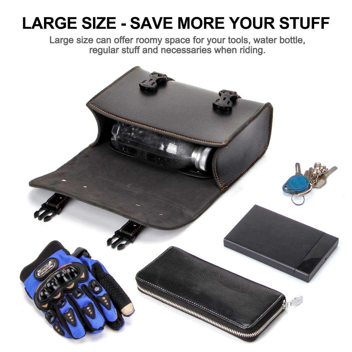 Universal PU Leather Motorcycle Tool Bag - Waterproof Fork Bag & Sissy Bar Storage for Honda, Kawasaki, Suzuki, Yamaha, Sportster - Large Black Handlebar Saddlebag for Road Trips & Daily Commuting