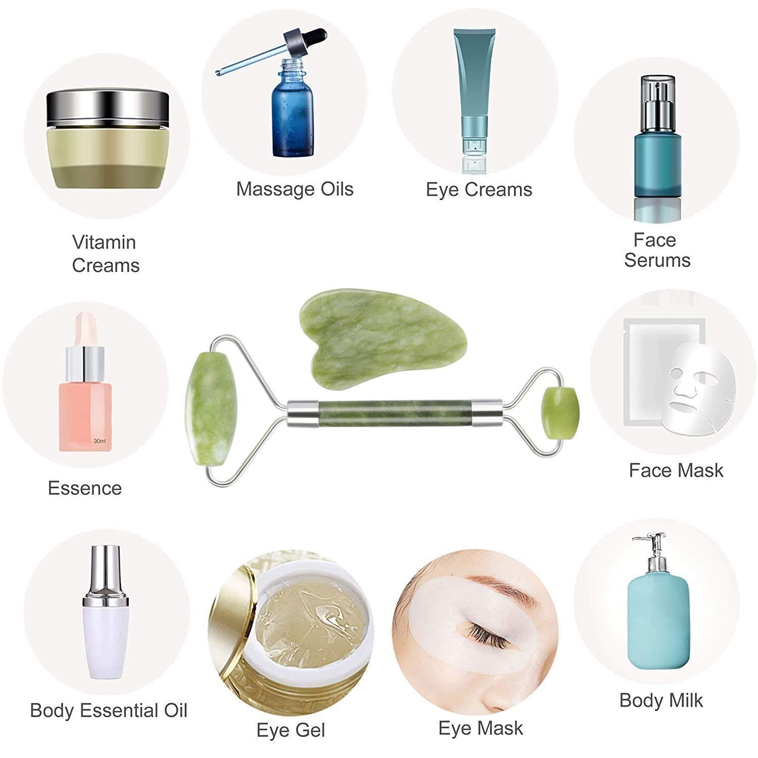 Rose Quartz Face Roller & Gua Sha Set - Anti-Aging Facial Massage Tool for Puffiness & Dark Circles, Natural Jade Roller for Women & Men - Perfect for Skincare Routine & Relaxation at Home or Travel (Green, 1 Pack)