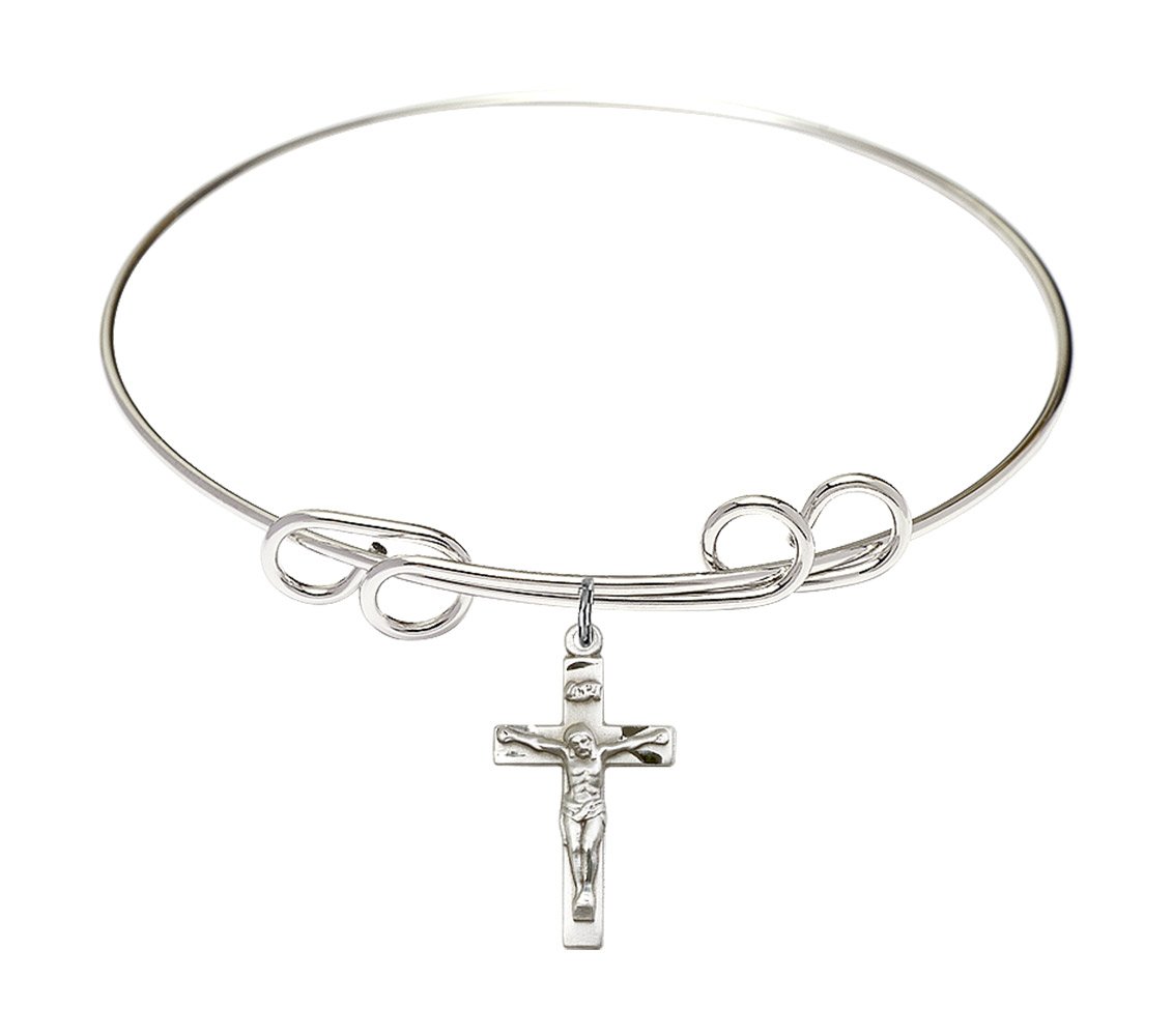 Sterling Silver Round Double Loop Bangle Bracelet with Crucifix - Elegant Religious Jewelry for Women, Perfect for Church, Weddings & Everyday Wear