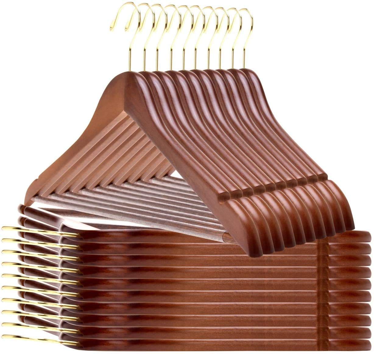 Premium Solid Wooden Hangers 80-Pack - Natural Walnut Finish with Gold Chrome Hooks - Heavy Duty Clothes Hangers for Jackets, Shirts, Pants & Suits - Space Saving Slightly Curved Design - Perfect for Closet Organization & Retail Stores