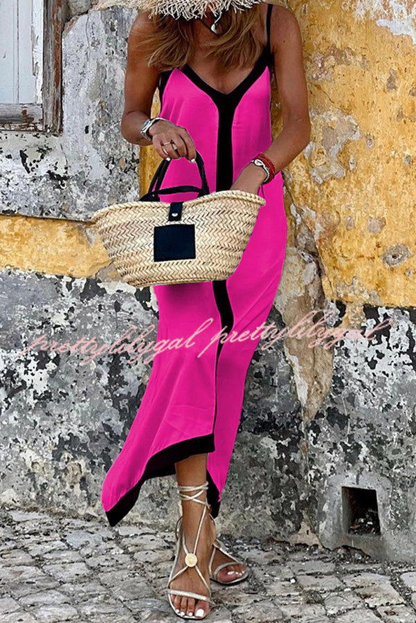 Horizon Satin Colorblock Strap Loose Maxi Dress for Women - Summer Beach Vacation, Boho Chic Outfit, Evening Party Wear