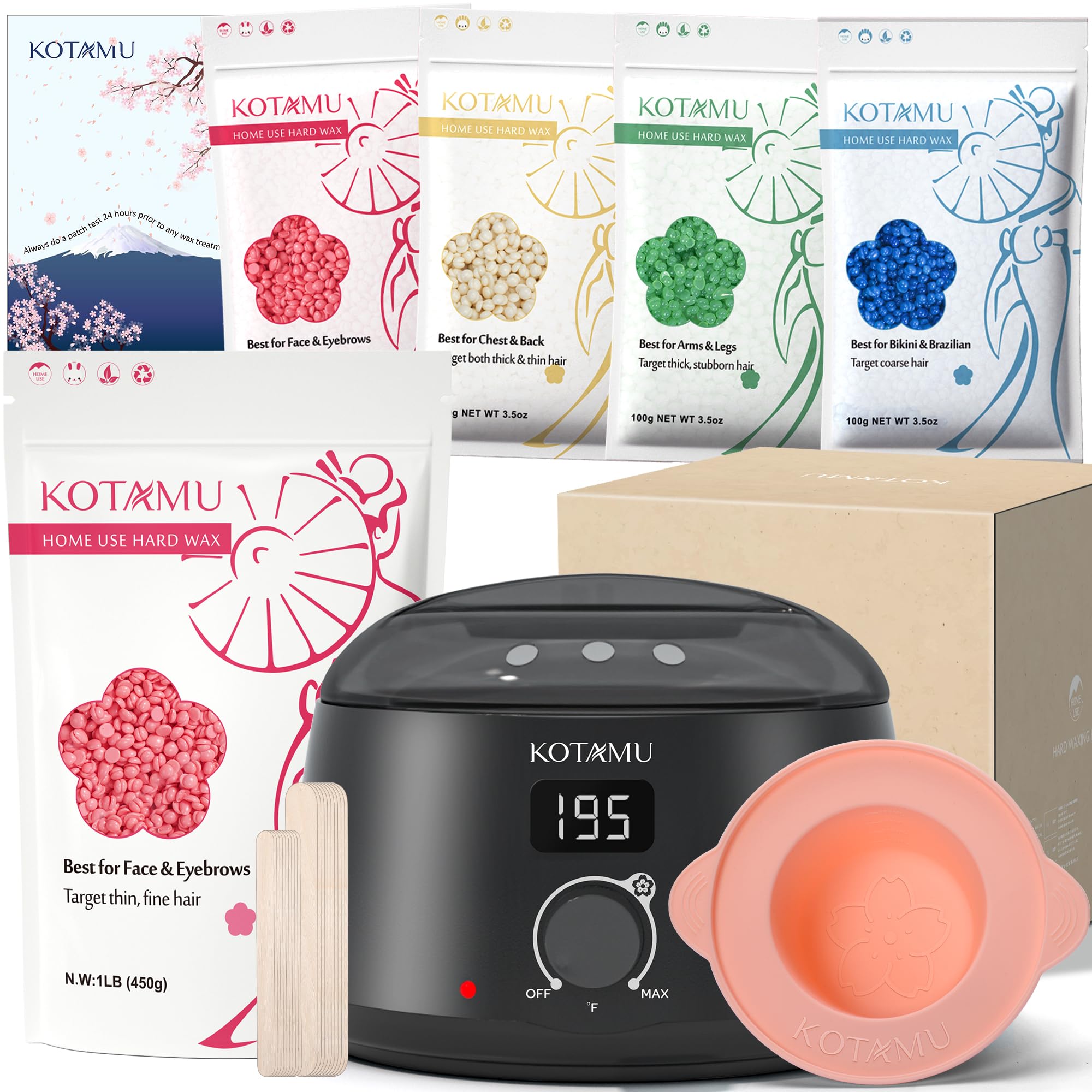 KOTAMU Black Digital Waxing Kit with Pink Wax Beads - Professional Hair Removal for Face, Eyebrows, Chin, Legs, Underarms & Bikini Area - Effective on Thin/Fine Hair - At-Home Waxing Solution for Women & Men - Perfect for Salon-Quality Smooth Skin at Home