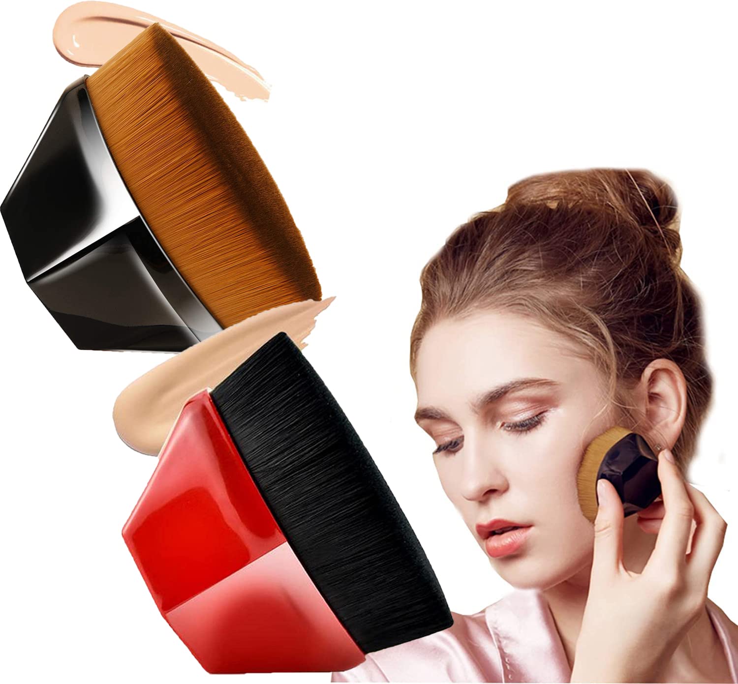 DFBIU Flat Top Kabuki Makeup Brush Set - 4 Pack Foundation Brush for Liquid & Powder Cosmetics (Black+Red) - Perfect for Professional Makeup Application, Travel & Everyday Use