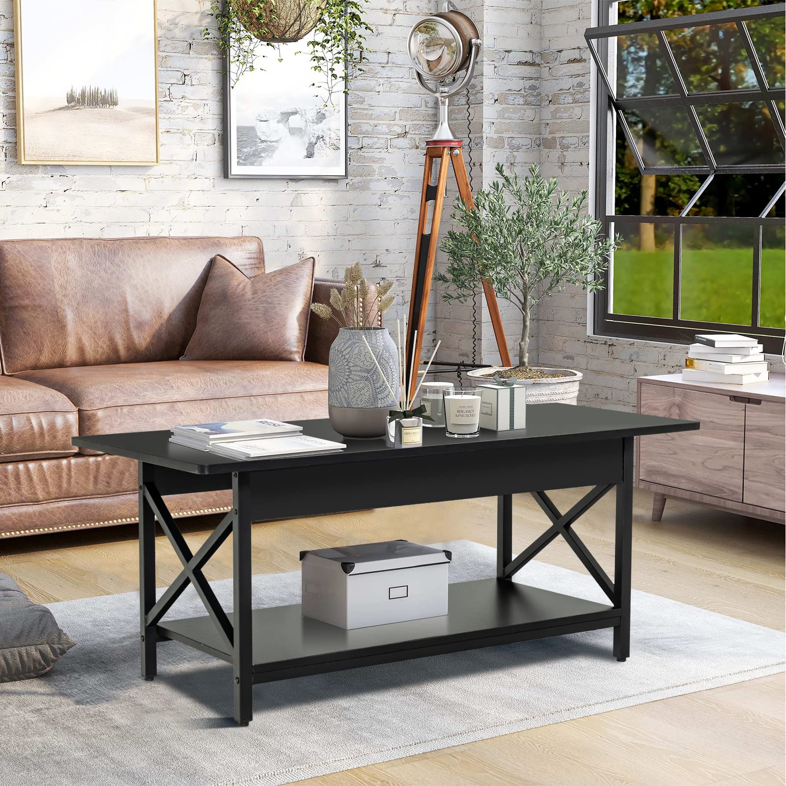 COSTWAY 2-Tier Industrial Coffee Table with Storage Shelf - X-Shape Steel Frame & Wood Top - Rectangle Sofa Side Table for Living Room, Home Office - Black | Perfect for Small Spaces, Coffee Shops & Modern Home Decor