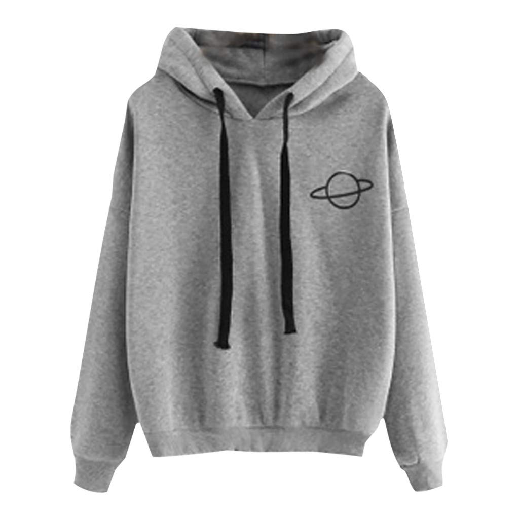 Women's Cute Casual Planet Print Hoodie - Long Sleeve Drop Shoulder Pullover Sweatshirt for Girls in Gray | Perfect for Everyday Wear and Outdoor Adventures