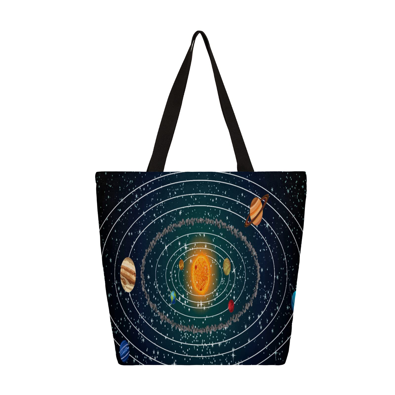 Solar System Print Large Canvas Tote Bags for Women with Inner Pocket - Reusable Grocery, Shopping & Book Bag - Eco-Friendly Casual Shoulder Handbag for Daily Use, Work, Travel & Gifts
