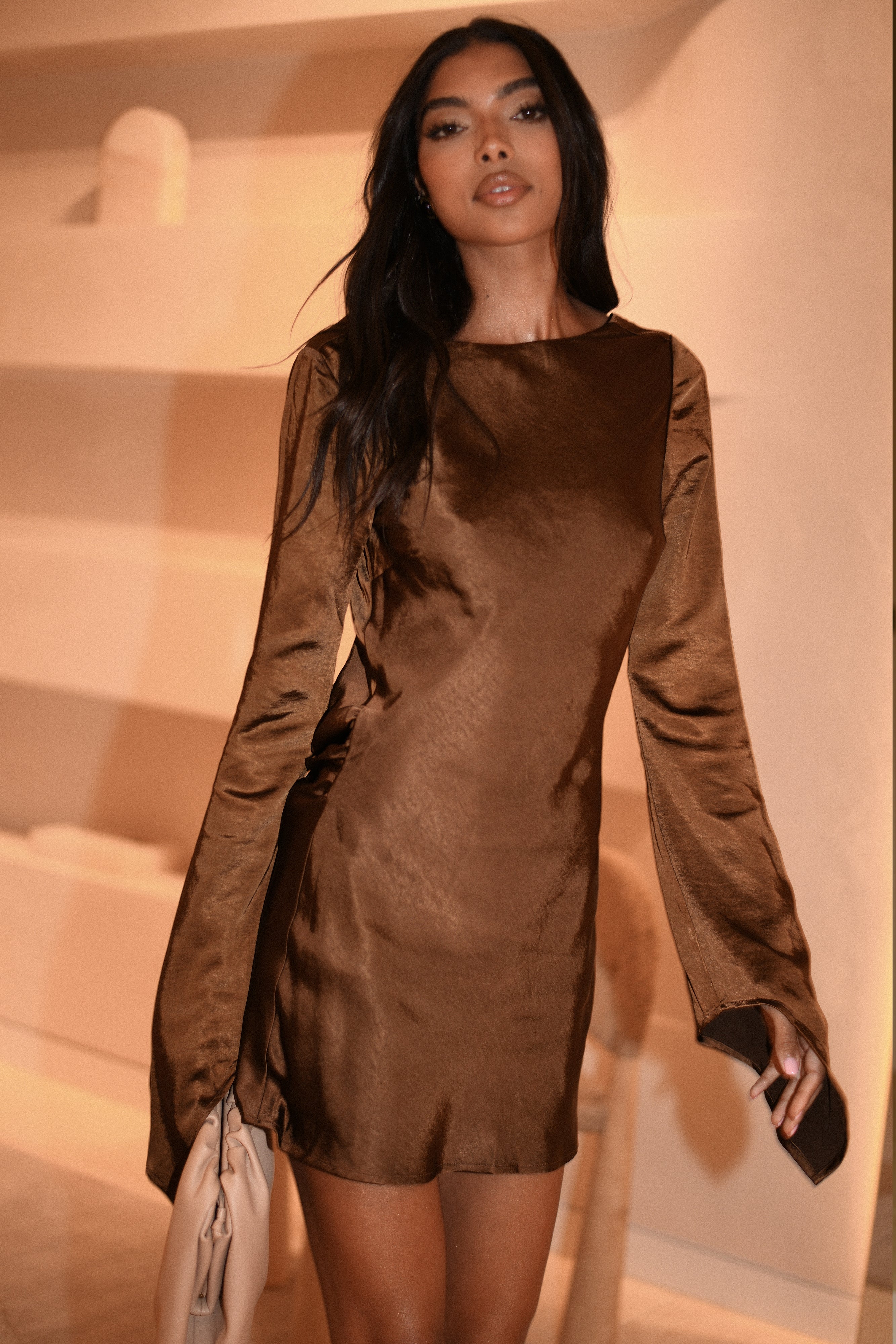 Davina Satin Long Sleeve Mini Dress for Women - Elegant Dark Brown Cocktail Party & Evening Wear