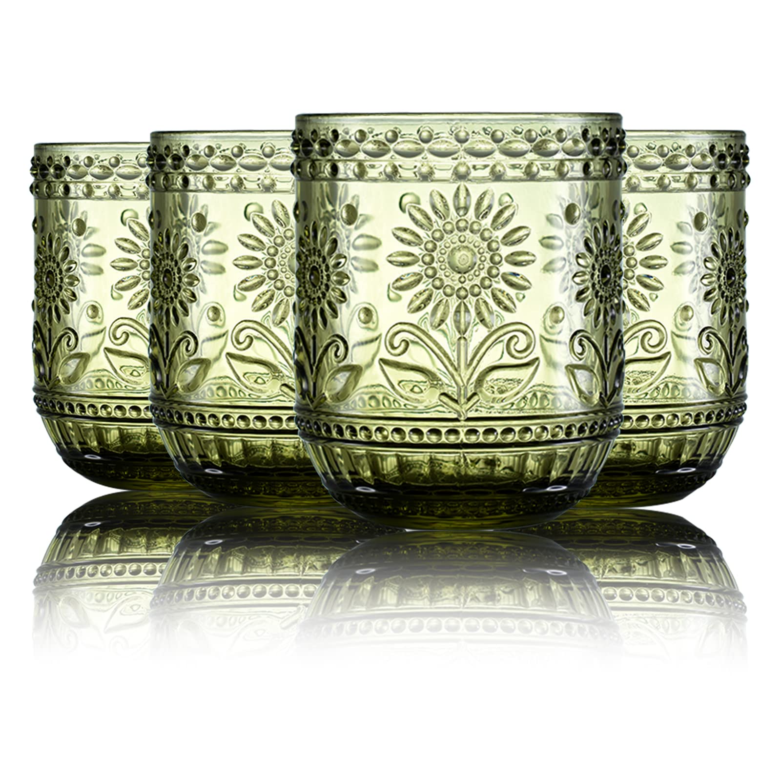 Vintage Floral Embossed 12 Oz Water Glasses Set of 4 - Green Colored Glass Tumblers for Iced Tea, Juice & Cocktails - Elegant Tableware for Home, Parties & Restaurants