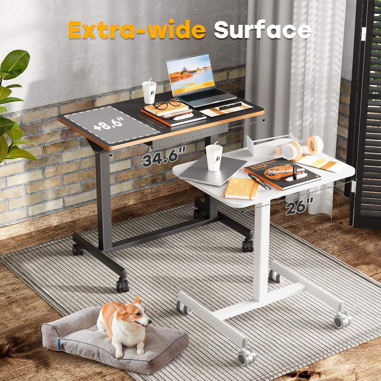 JOY Worker 35In Small Mobile Standing Desk with Drawer - Pneumatic Height Adjustable (Up to 33lbs Capacity) - Dual Handles & Columns - Black - Perfect for Home Office, Small Spaces & Remote Work