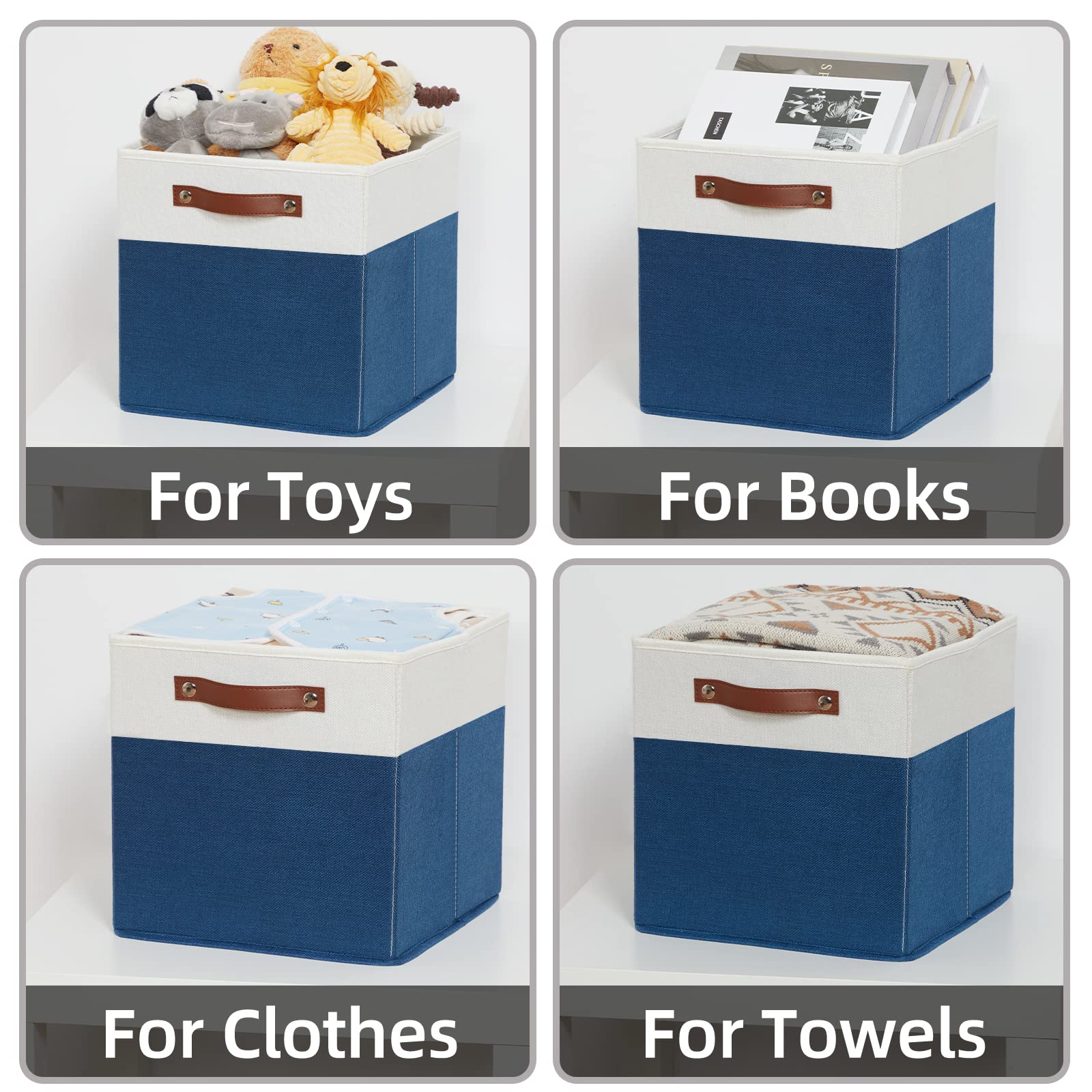 HNZIGE 12x12 Inch Fabric Storage Cubes with Handles, Set of 4 - Decorative Cube Organizer Bins for Home, Nursery, Closet & Toy Storage | Space-Saving Blue & White Square Baskets for Shelves, Cabinets & Underbed Organization