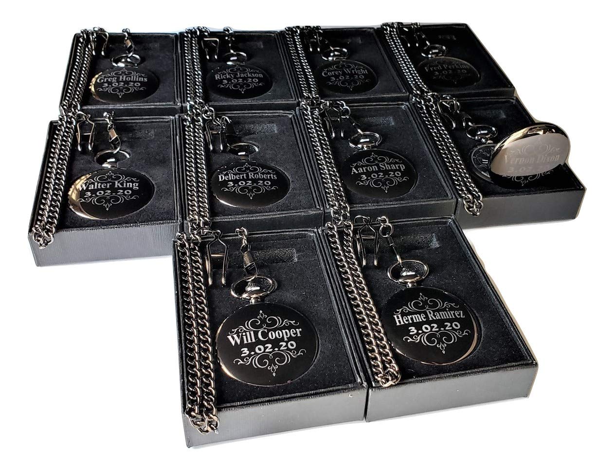 7 Personalized Engraved Pocket Watches with Chains & Gift Box - Custom Men's & Women's Vintage Style Pocket Watch Set - Perfect for Weddings, Anniversaries & Special Occasions