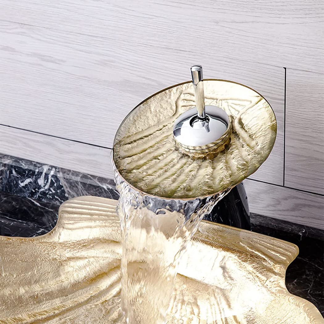Gold Shell-Shaped Tempered Glass Vessel Sink for Bathroom - Artistic Above Counter Bathroom Sink with Waterfall Faucet & Drain - Perfect for Modern Vanities, Spa-Like Bathrooms & Luxury Home Decor