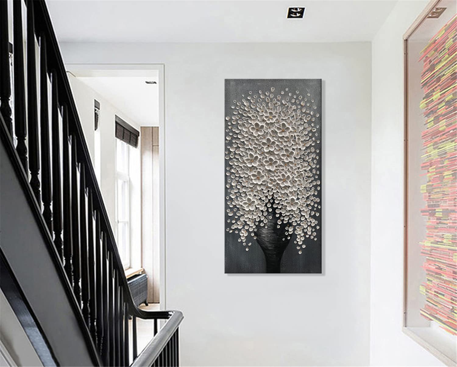 Alenoss 100% Hand Painted Floral Oil Painting - 24x48 Inch White Abstract Flower Canvas Wall Art - 3D Vertical Wall Decor for Dining Room, Hallway & Living Room - Perfect for Home Decor & Office Wall Art