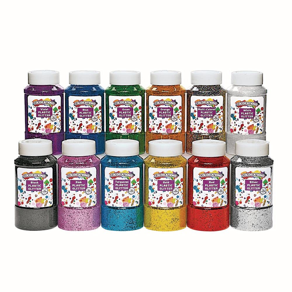 Colorations Extra-Safe Non-Toxic Plastic Glitter for Kids - 12 Multicolor Classroom Arts & Crafts Supplies Set - Perfect for DIY Projects, School Activities, and Party Decorations