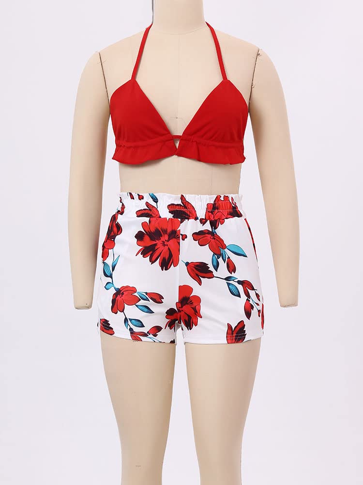 Women's Hawaiian 3-Piece Outfit Set - Floral Print Blouse, Casual Mini Shorts & Tank Top | Summer Beachwear for Vacation, Pool Party & Tropical Getaway