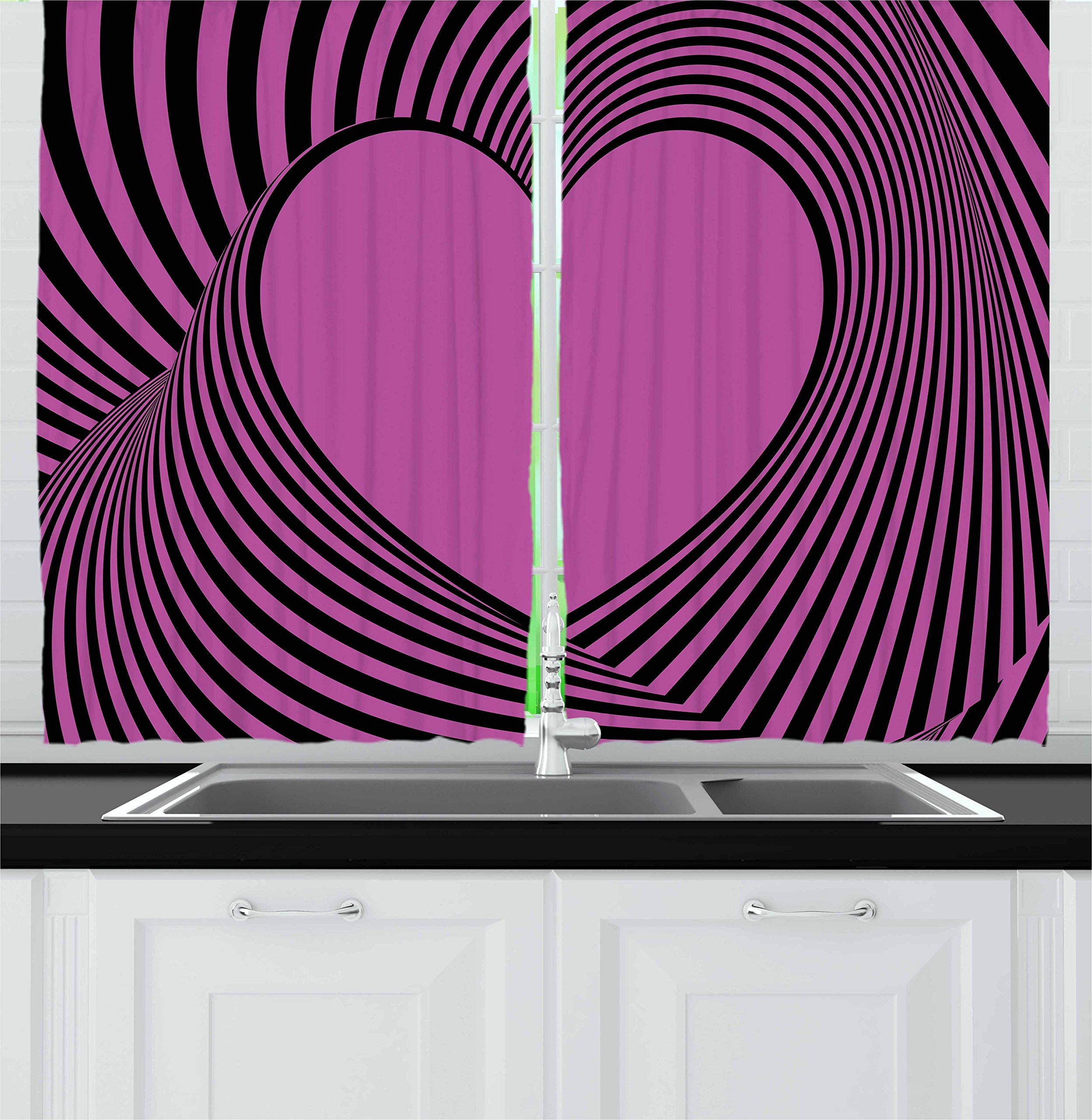 Ambesonne Pink Zebra Print Kitchen Curtains with Heart Design - Valentine's Day Striped Window Drapes 2 Panel Set for Kitchen & Cafe Decor, 55