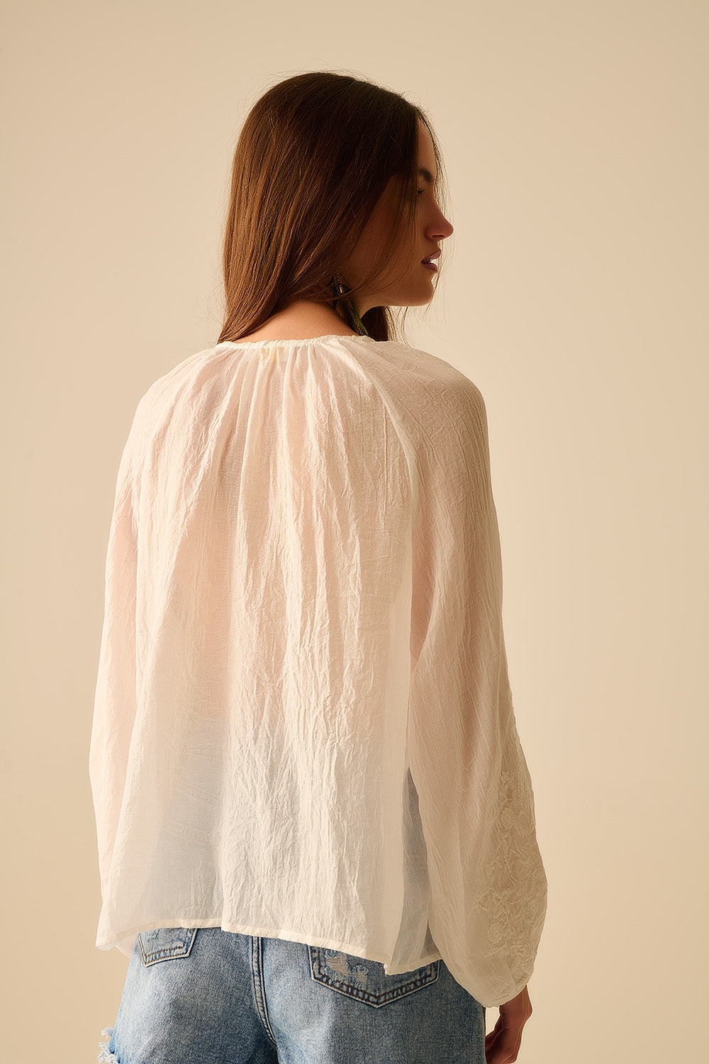 White Silk Chiffon Blouse with Embroidered Sleeves - Elegant Women's Top for Office, Party & Special Occasions