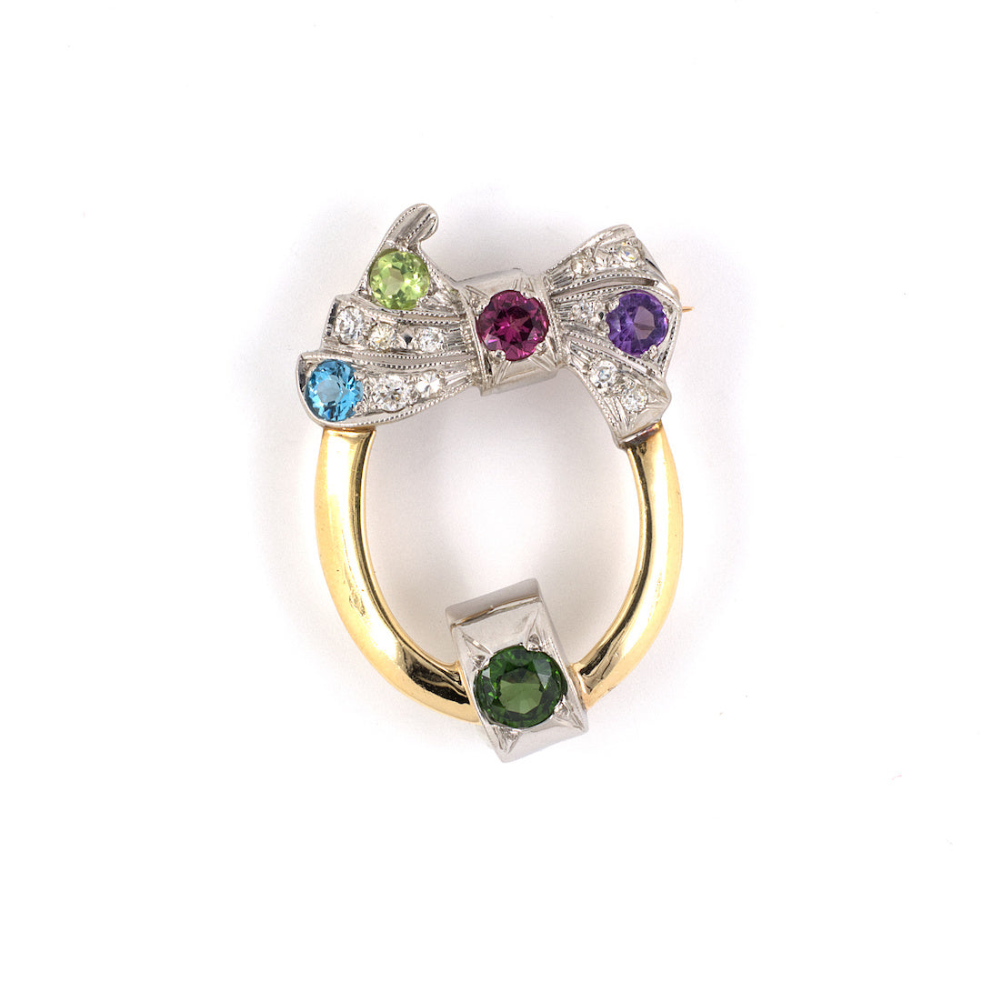 Vintage Diamond & Multi-Color Gemstone Bow Brooch Pin - Elegant Jewelry for Women, Perfect for Weddings, Parties & Special Occasions