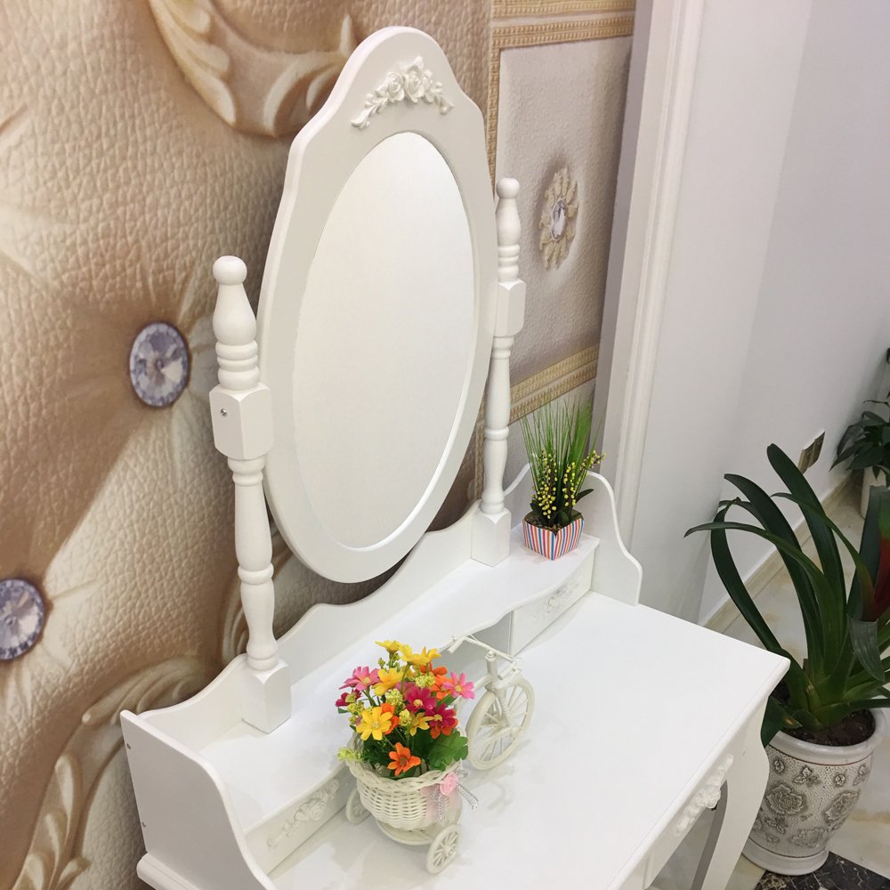 Modern 4-Drawer Makeup Vanity Table with 360° Rotating Mirror - White Dresser with Removable Mirror & Storage Drawers - Perfect for Bedroom, Dressing Room & Beauty Salon Organization