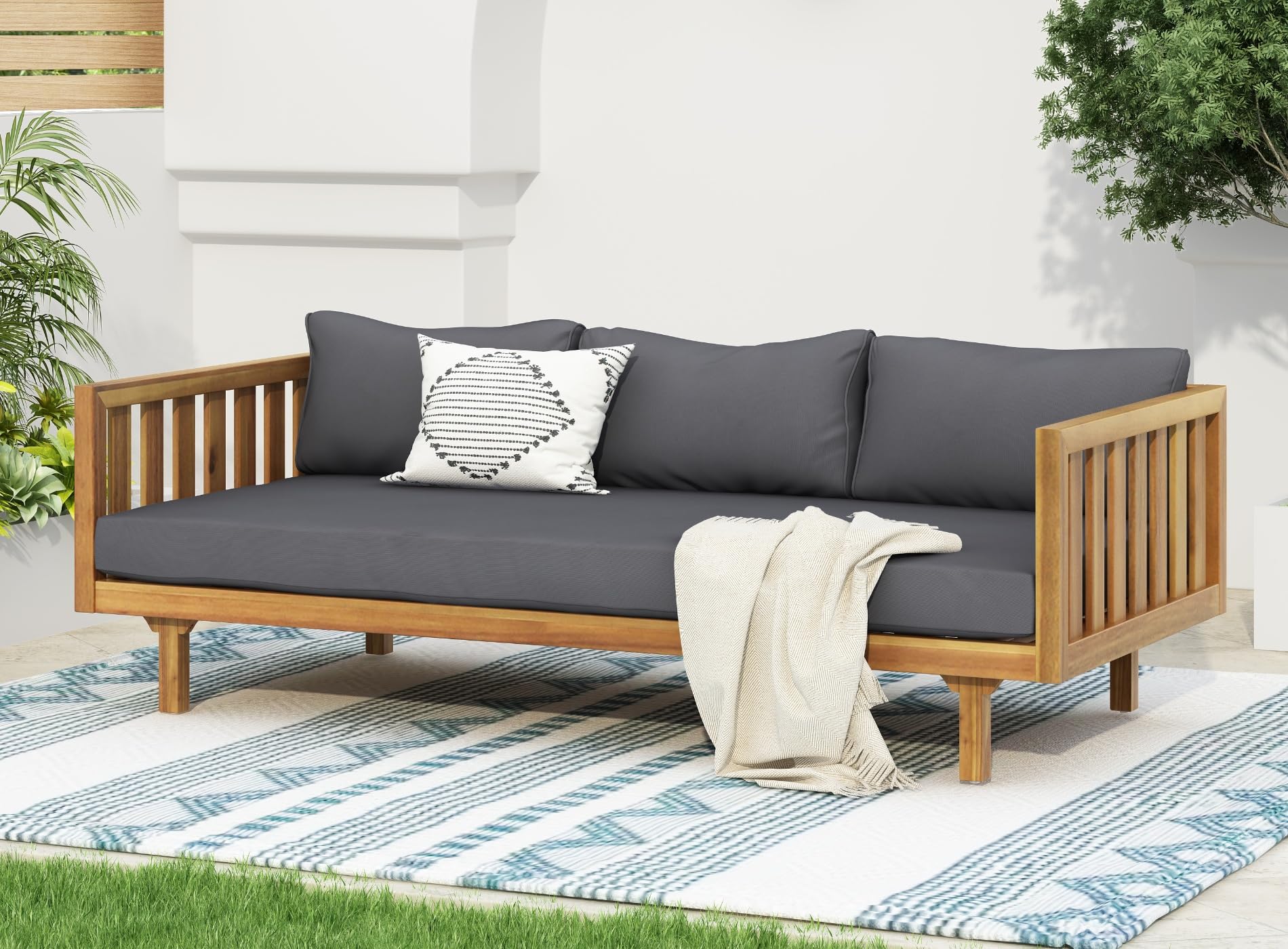 Merax 3-Seater Acacia Wood Outdoor Daybed with Cushions - Patio, Backyard & Garden Furniture - Dark Grey & Brown - Perfect for Lounging, Sunbathing & Relaxing Outdoors