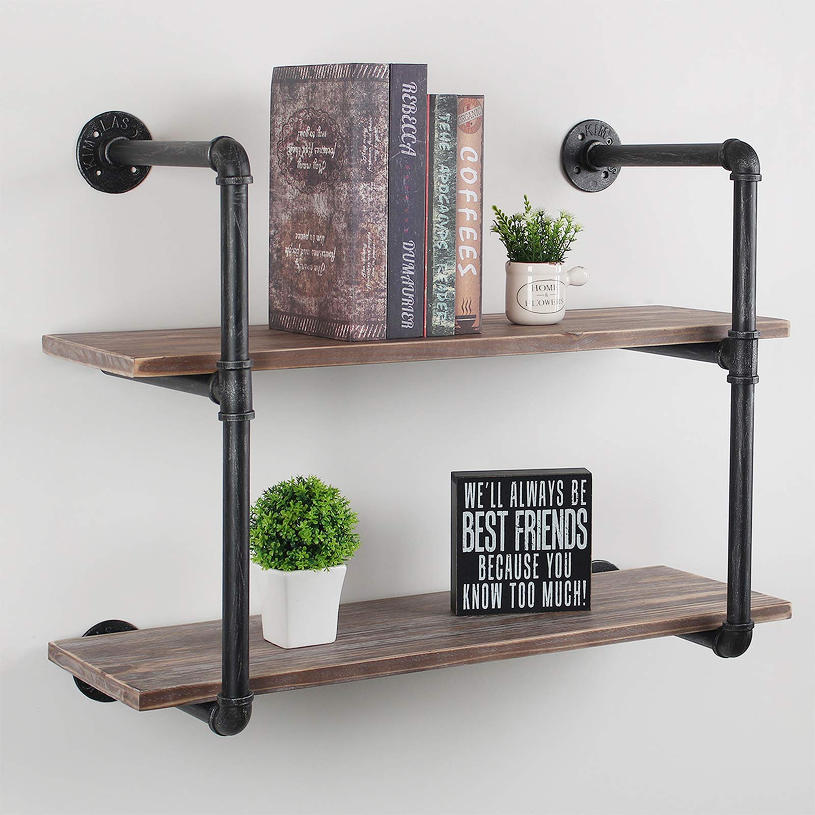 Industrial Pipe Floating Shelves - 2 Tier Wall Mount Bookshelf, 30 Inch Rustic Wall Shelves for Home & Office Storage | DIY Wall Shelf Organizer for Living Room, Bedroom & Kitchen | Black & Brushed Silver Finish