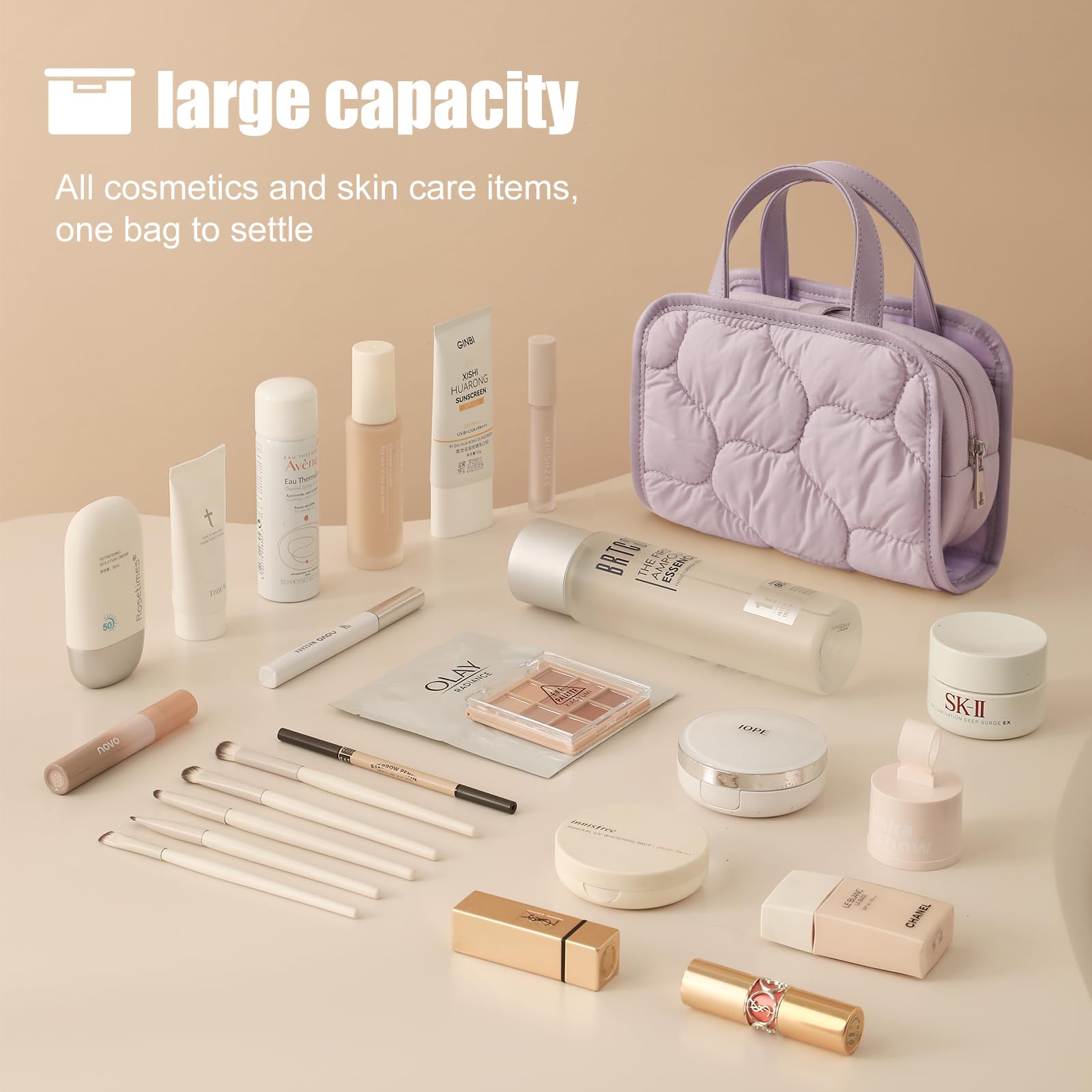 Travel Makeup Bag for Women & Girls - Removable Cosmetic Organizer with Brush Compartment | Portable Puffy Toiletry Case with Clear Windows & Handle (Lavender) | Perfect for Air Travel, Gym, Beach & Daily Use