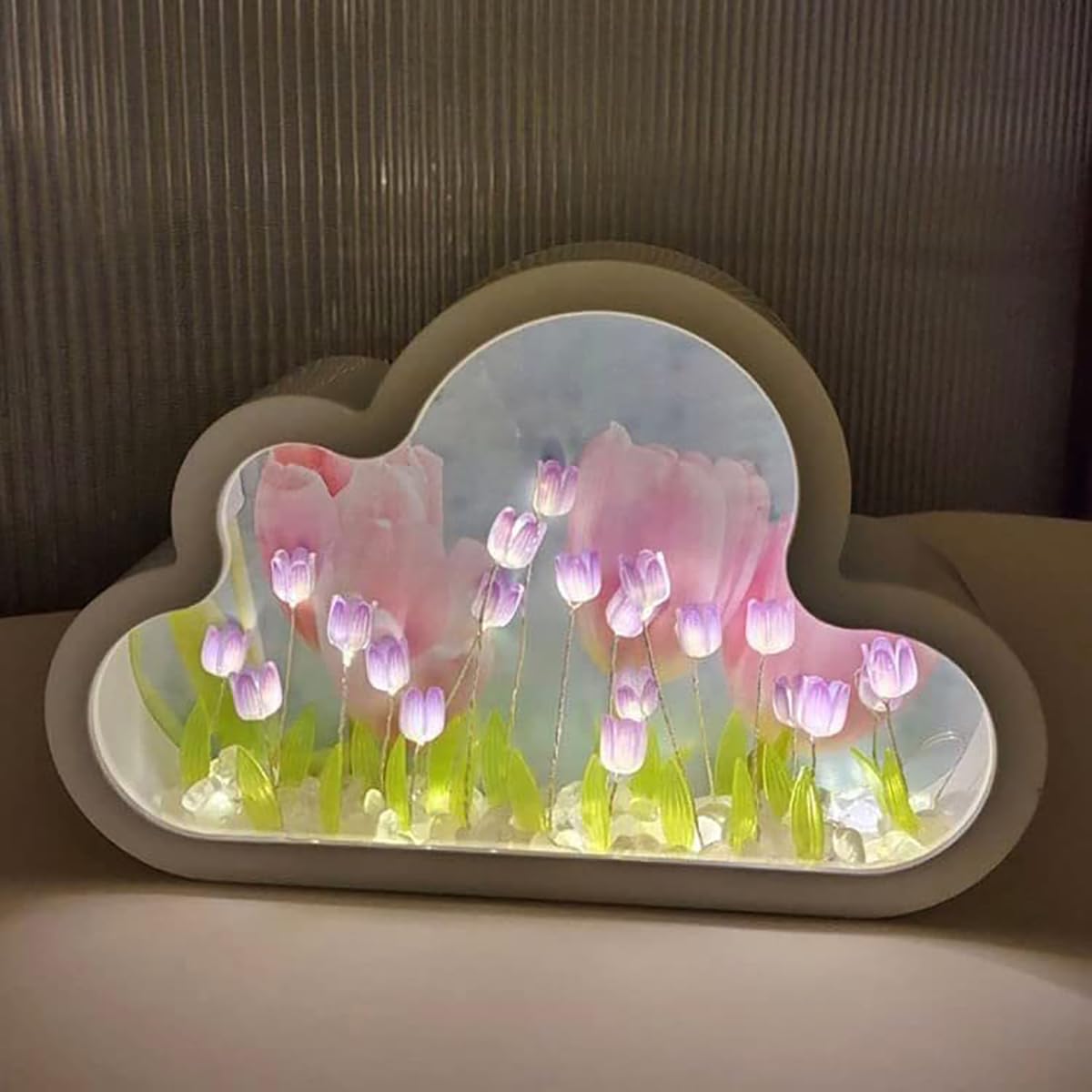 DIY Cloud Tulip Night Light - Romantic LED Table Lamp for Bedroom Decor, Purple Tulip Mirror Night Light for Home, Kids Room & Nursery - Perfect Bedside Lamp for Relaxation & Sleep Aid