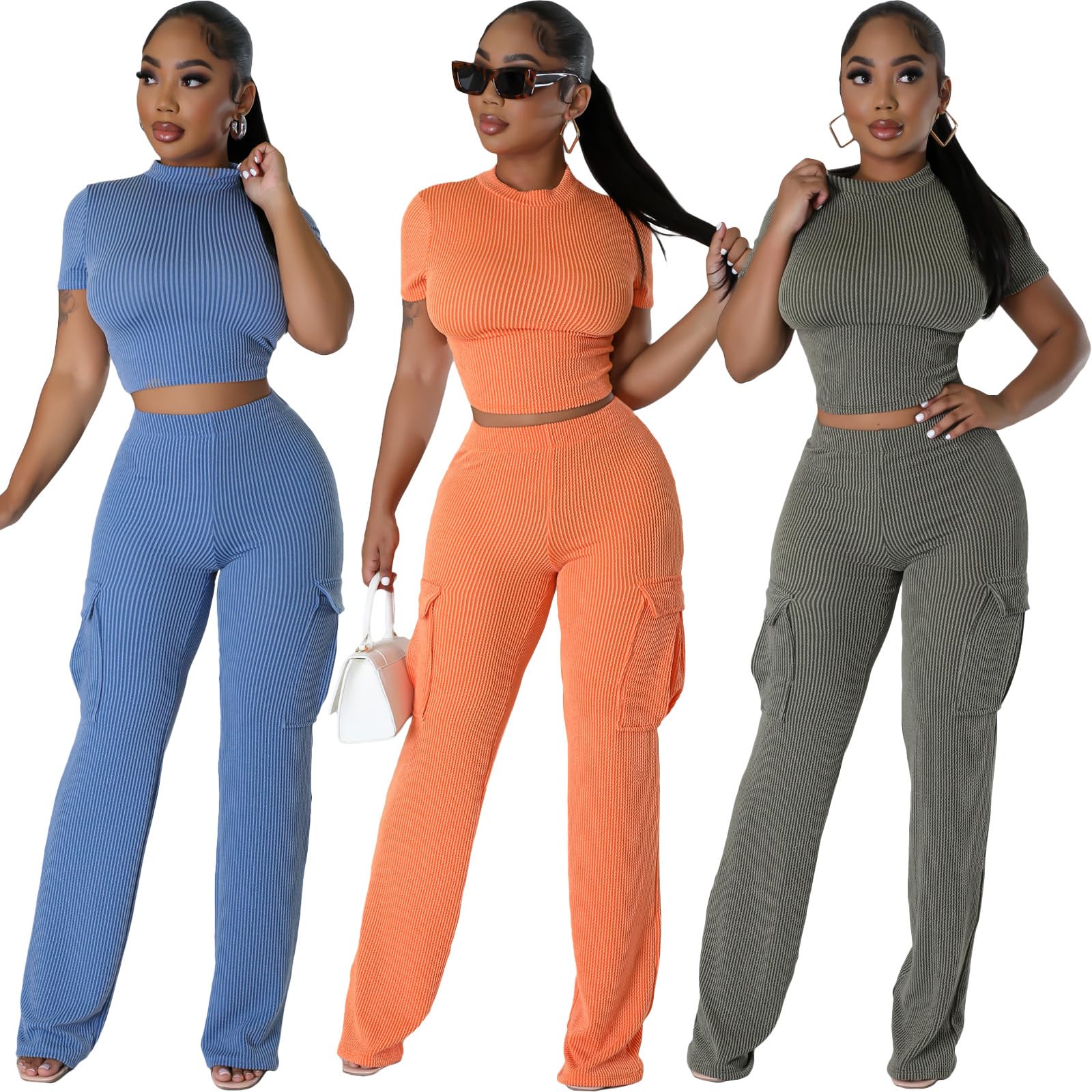 CALEBGAR Women's 2-Piece Outfit - Sexy Wide Leg Cargo Pants Set with Short Sleeve Ribbed Top | Casual Streetwear, Summer Fashion, Club Wear & Date Night Outfits